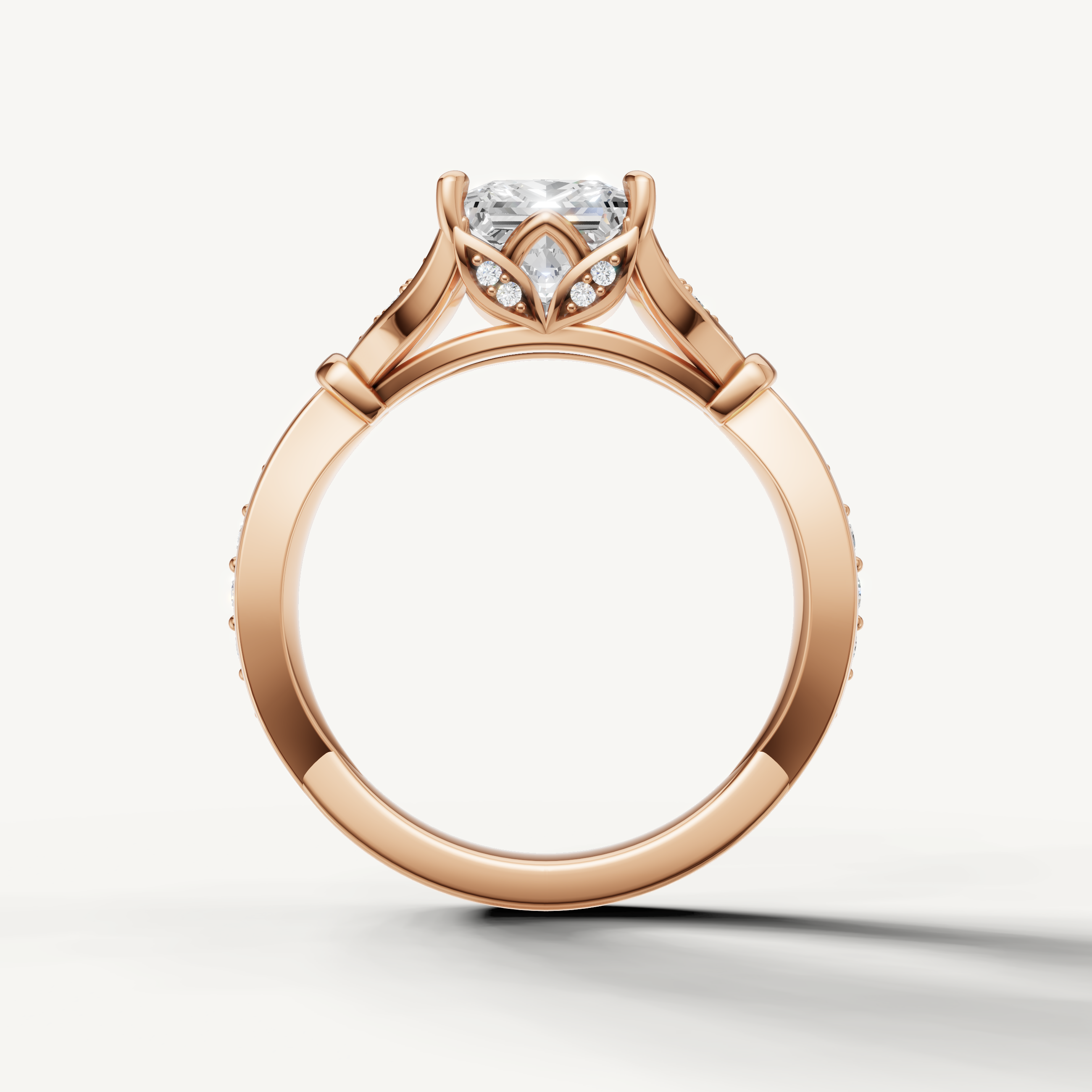 Raul Diamonds rose gold princess cut engagement ring with intricate pavé twist detailing and timeless elegance
