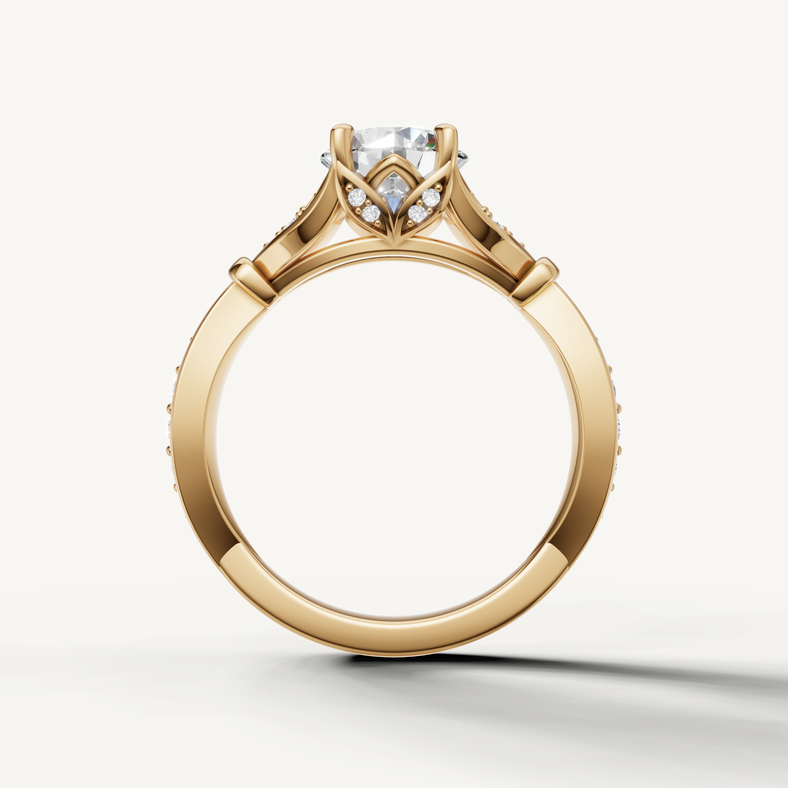 round lab grown diamond ring with leaf design pavé band yellow gold