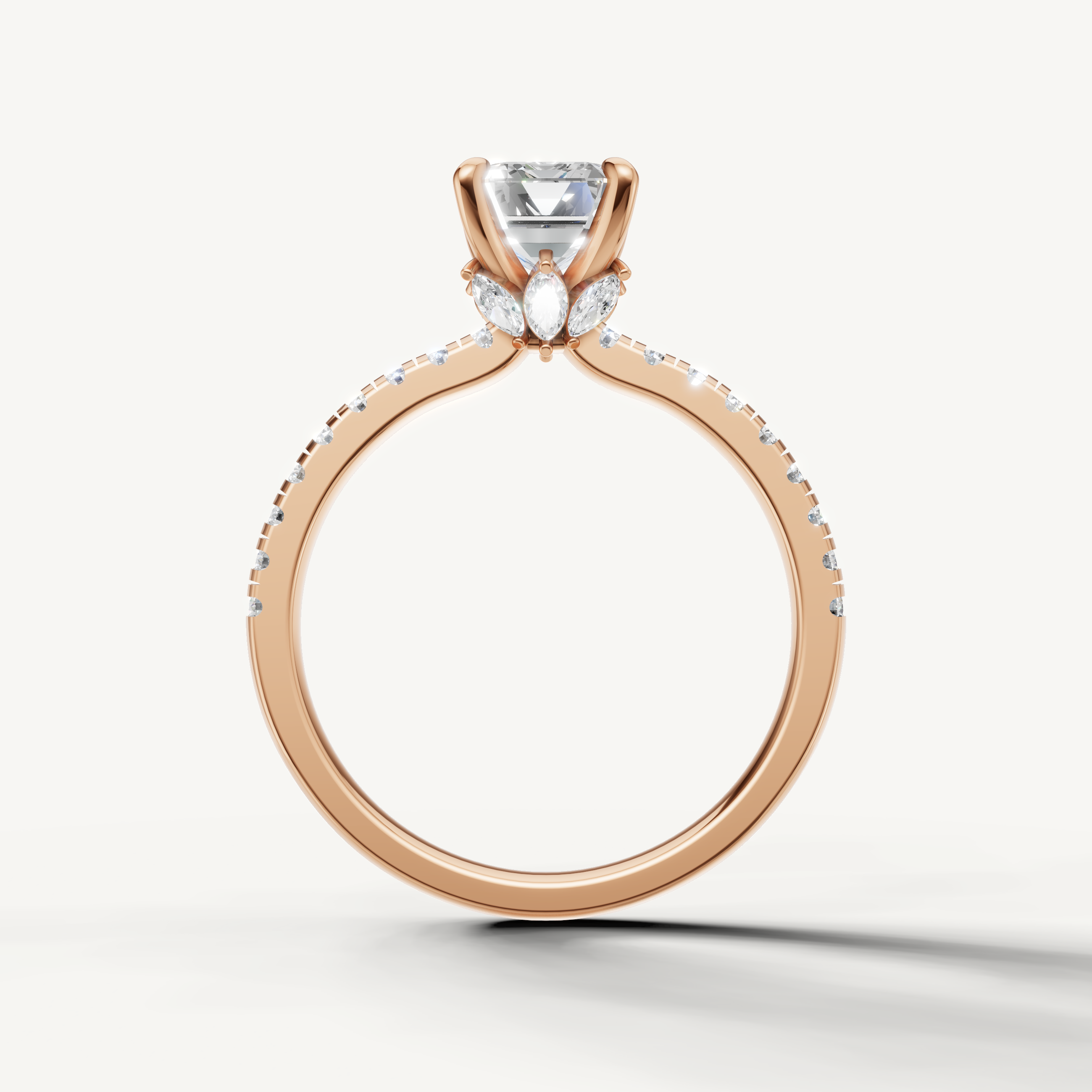 Emerald shape lab grown diamond ring with half pavé band rose gold elegant look