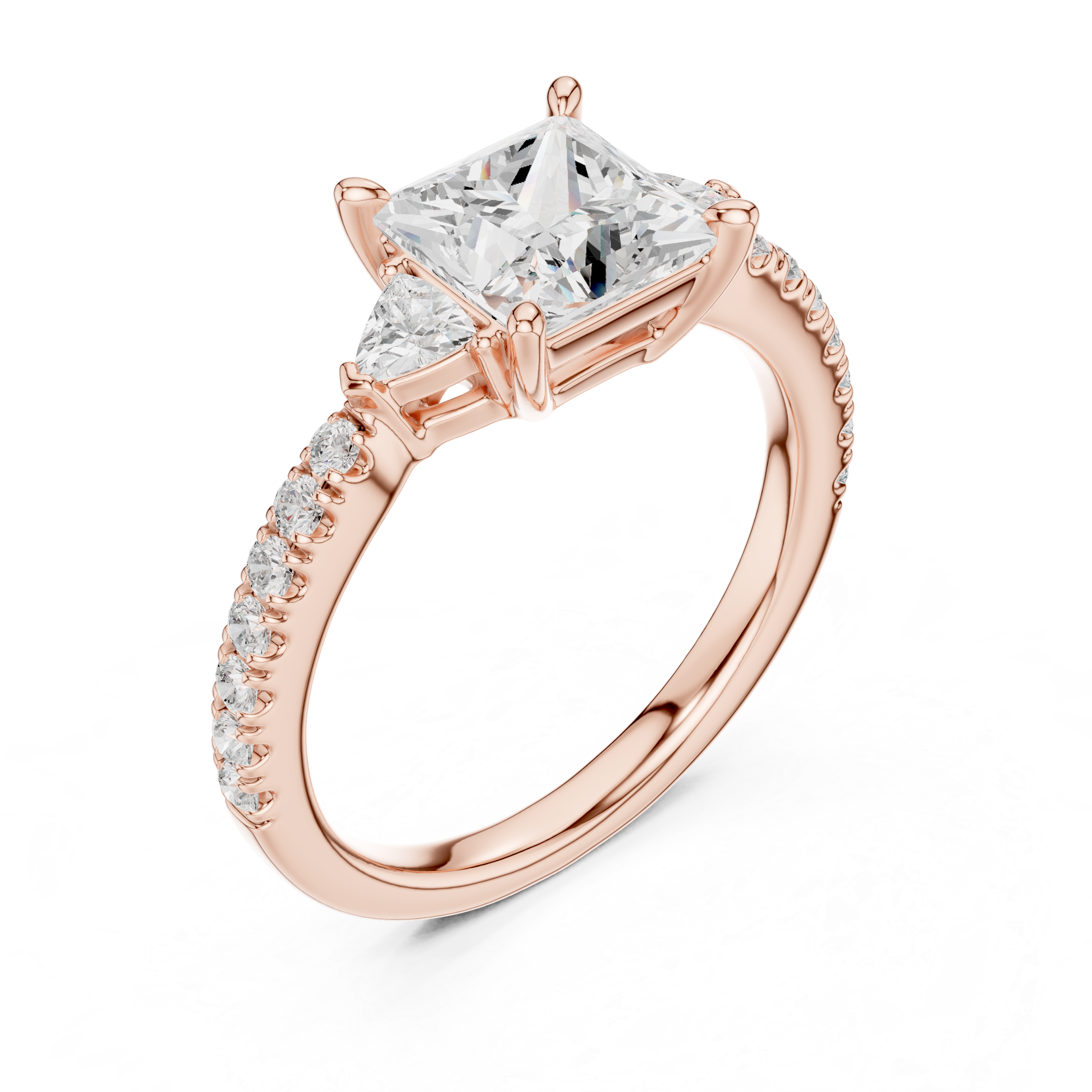 Princess cut lab diamond ring with side trillion accents