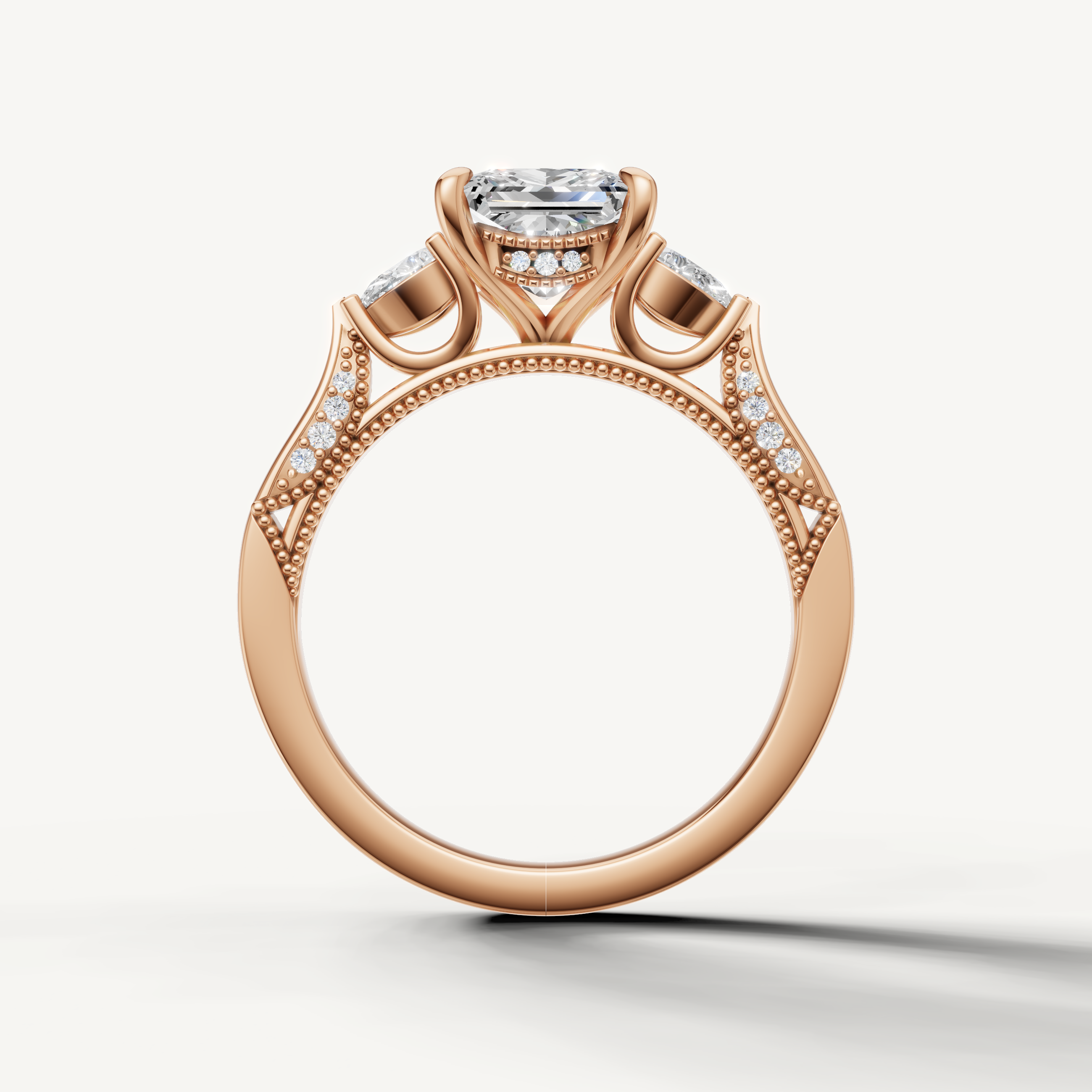 Princess shape lab grown diamond engagement ring with pear side diamonds rose gold modern elegance