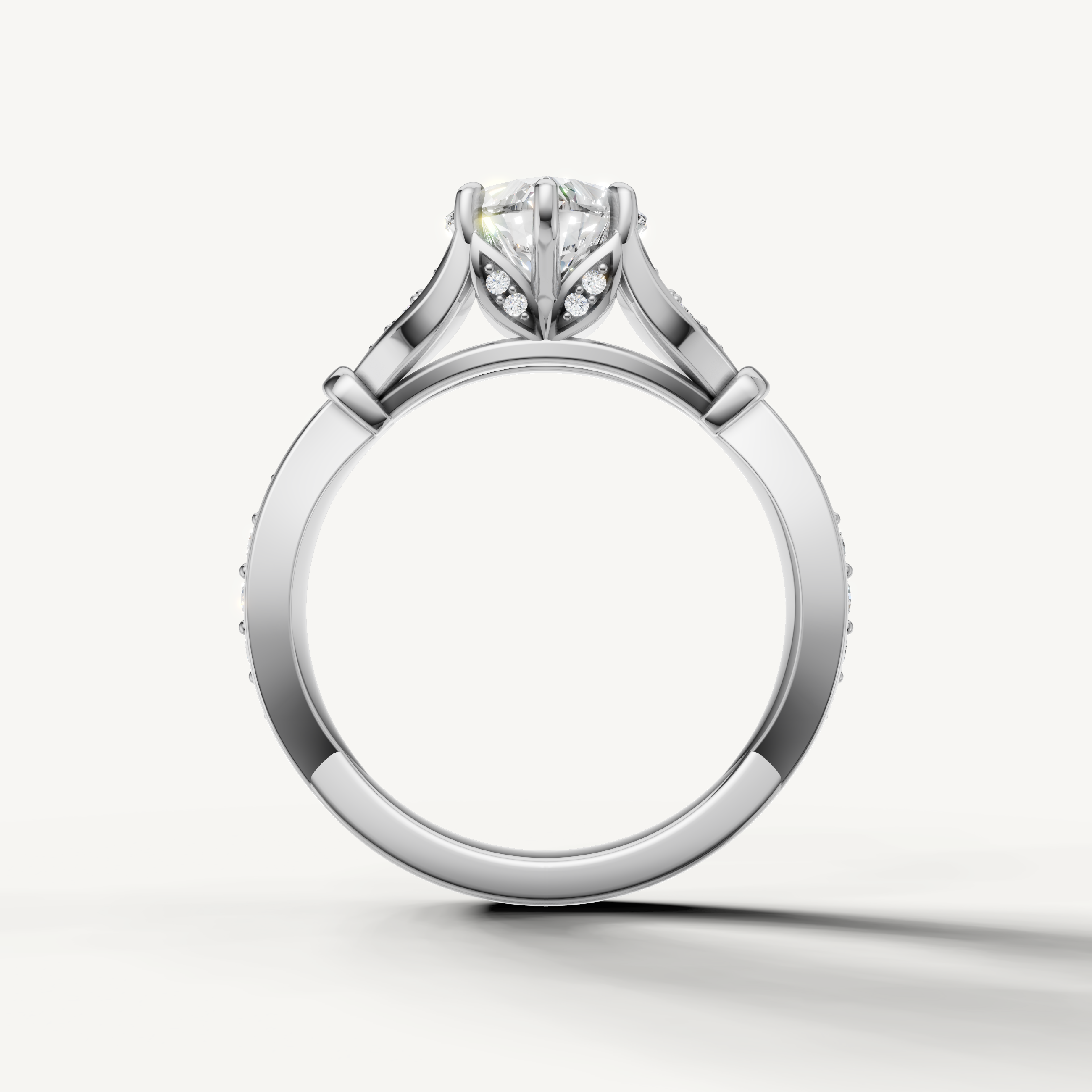 heart shaped lab grown diamond ring with leaf design pavé band white gold