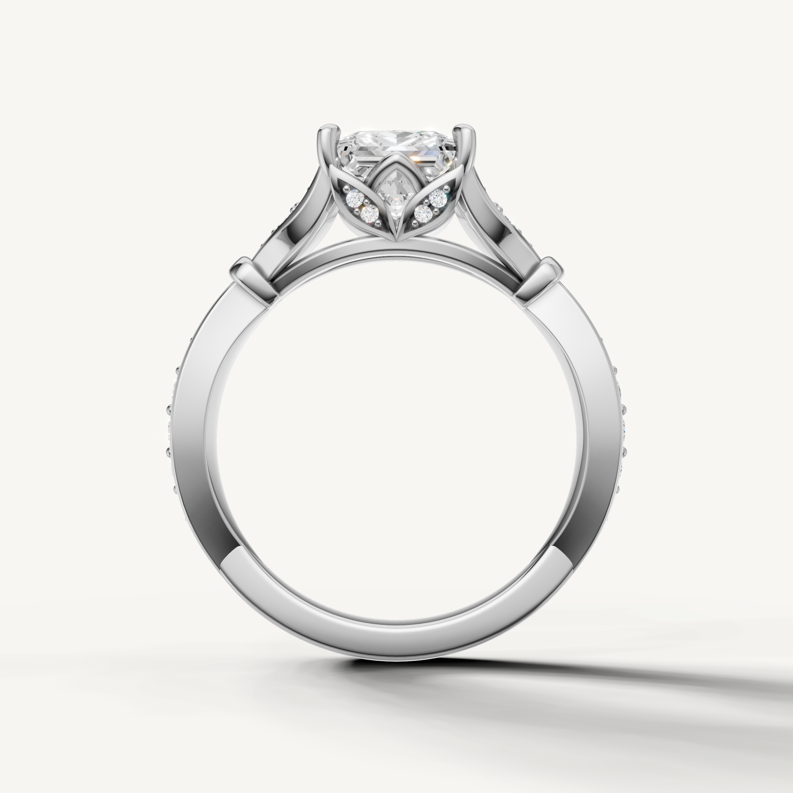 Raul Diamonds white gold princess cut engagement ring with pavé accents and geometric vintage inspired design