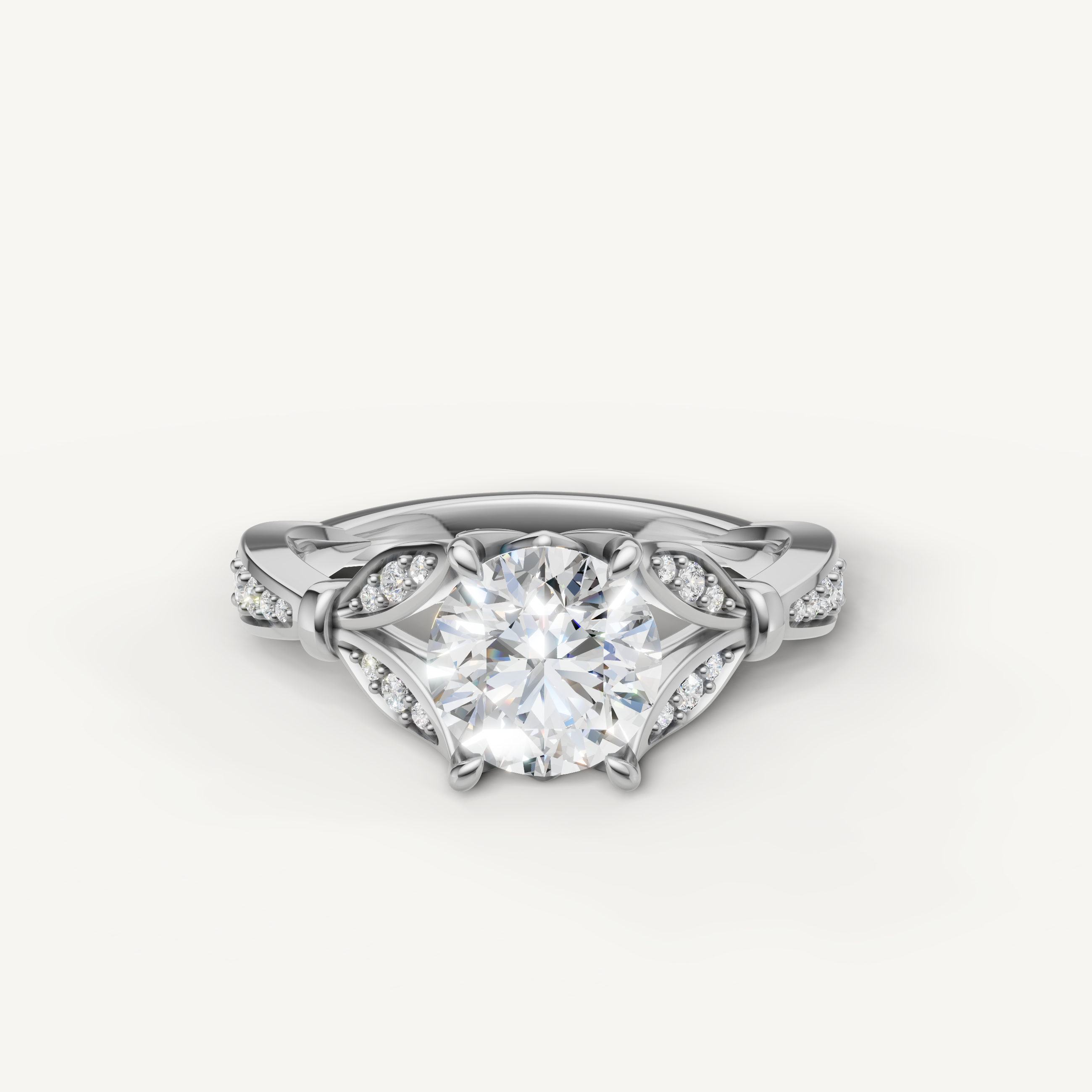 Raul Diamonds white gold round cut engagement ring with pavé accents and timeless vintage inspired design