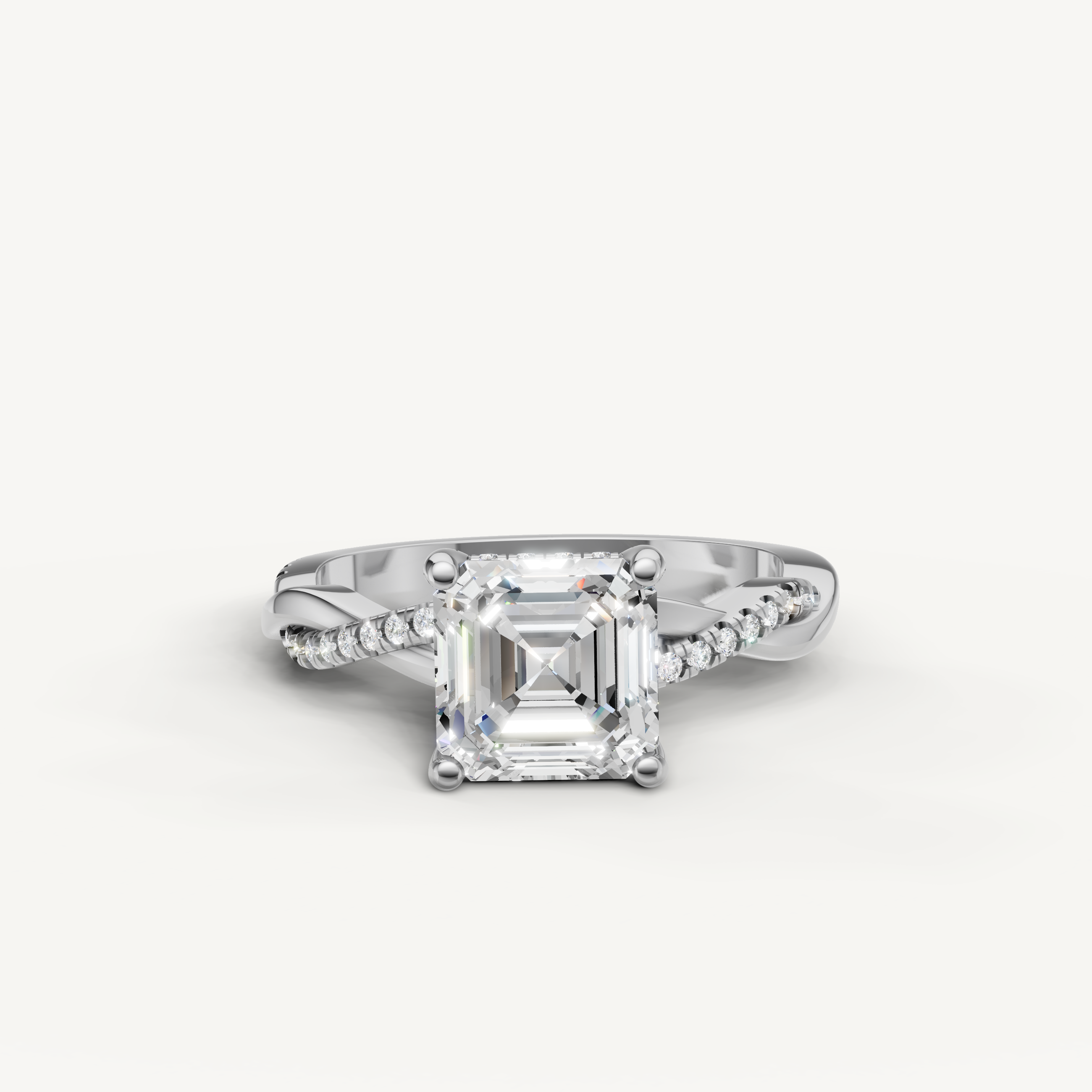 asscher cut lab grown diamond bypass engagement ring in 14k white gold with pavé diamond split shank