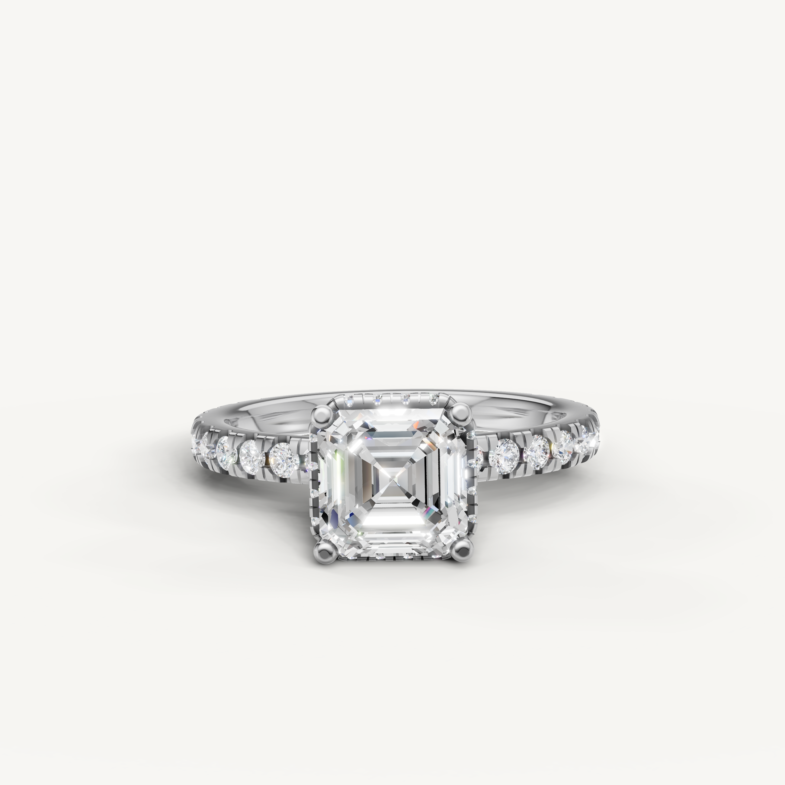 asscher cut lab grown diamond engagement ring with hidden halo and pavé band in white gold