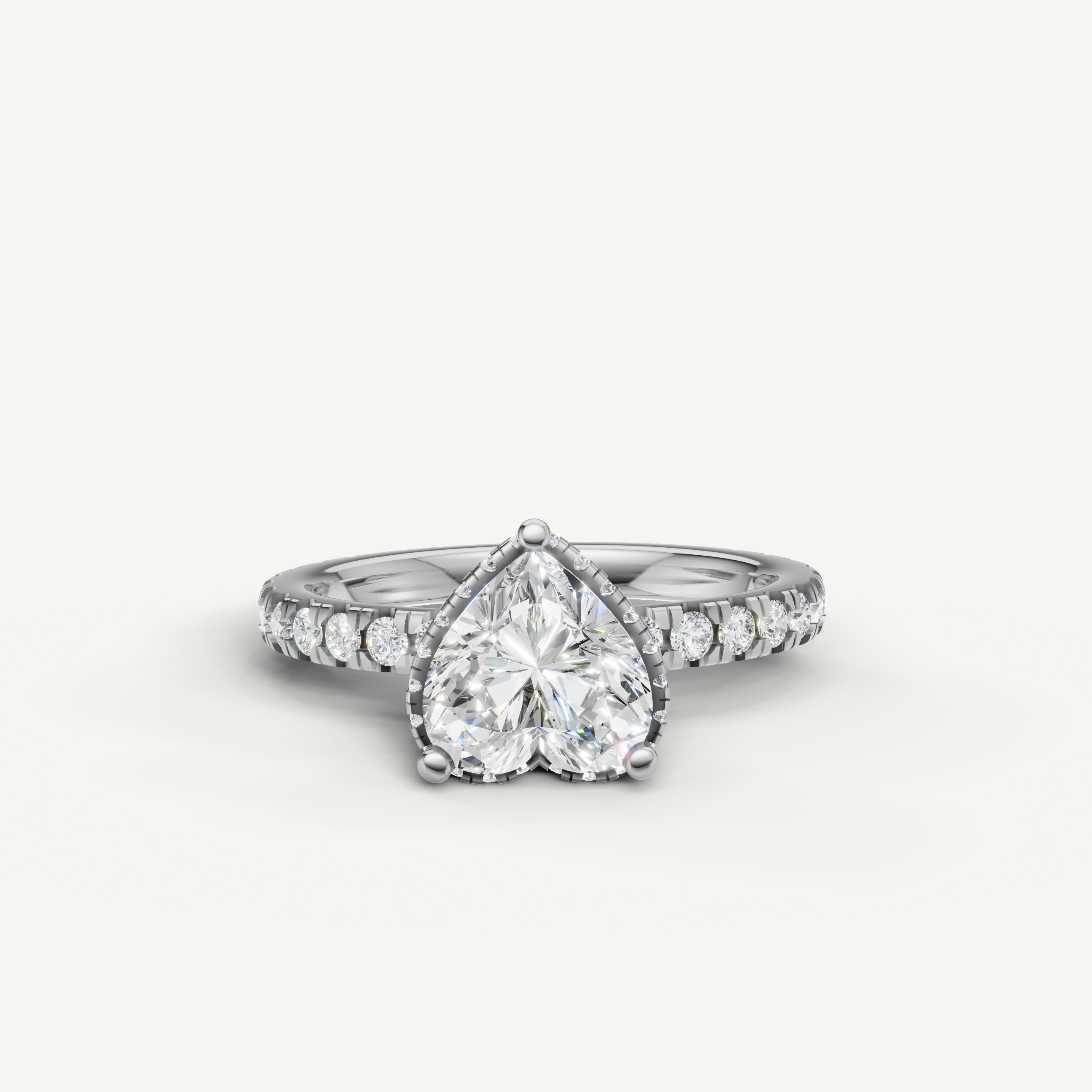 heart shaped lab grown diamond engagement ring with hidden halo and pavé band in white gold