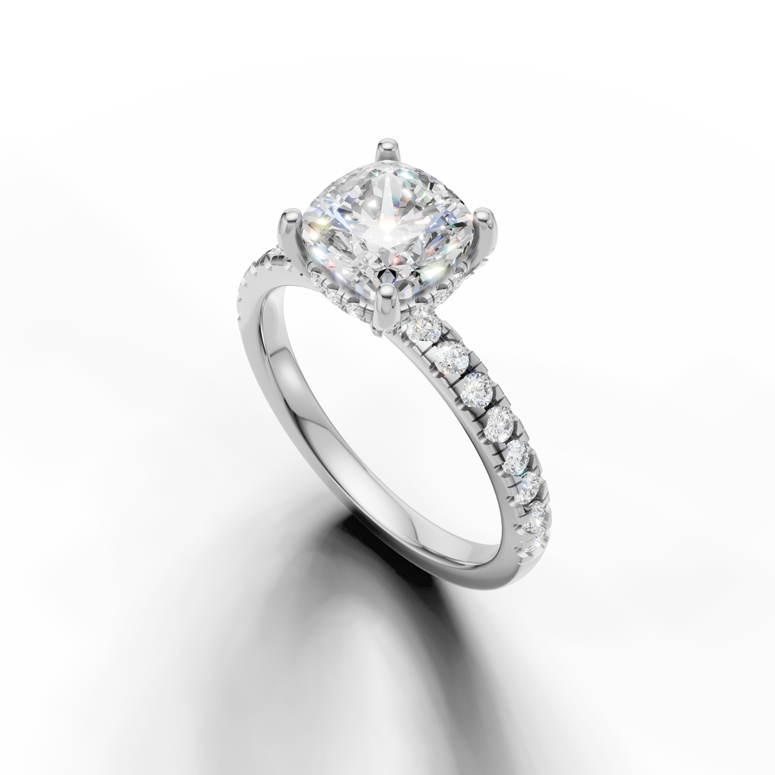 Cushion cut solitaire diamond ring with pavé band white gold minimalist design