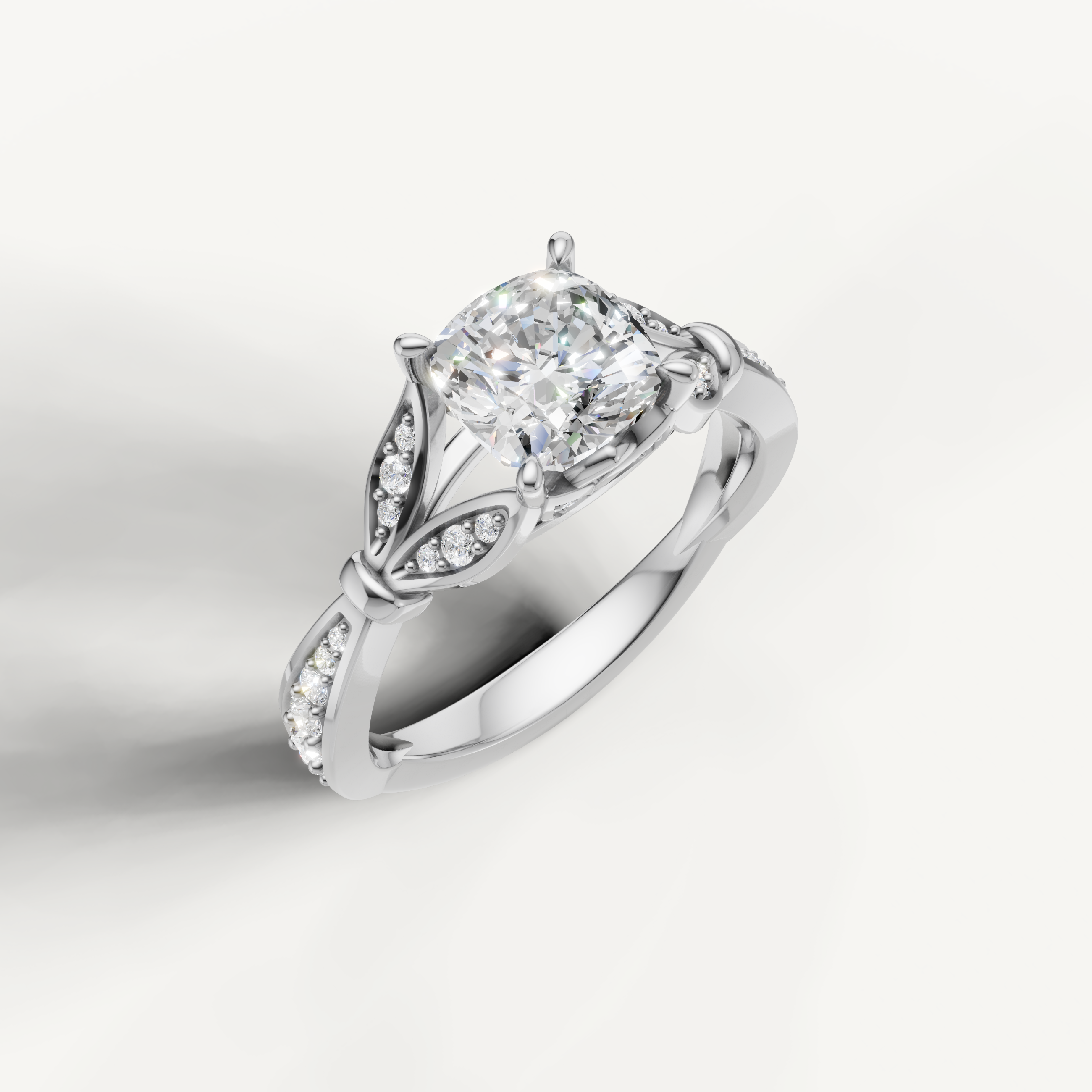 White gold cushion cut lab grown diamond ring with vintage inspired design and elegant sparkle by Raul Diamonds
