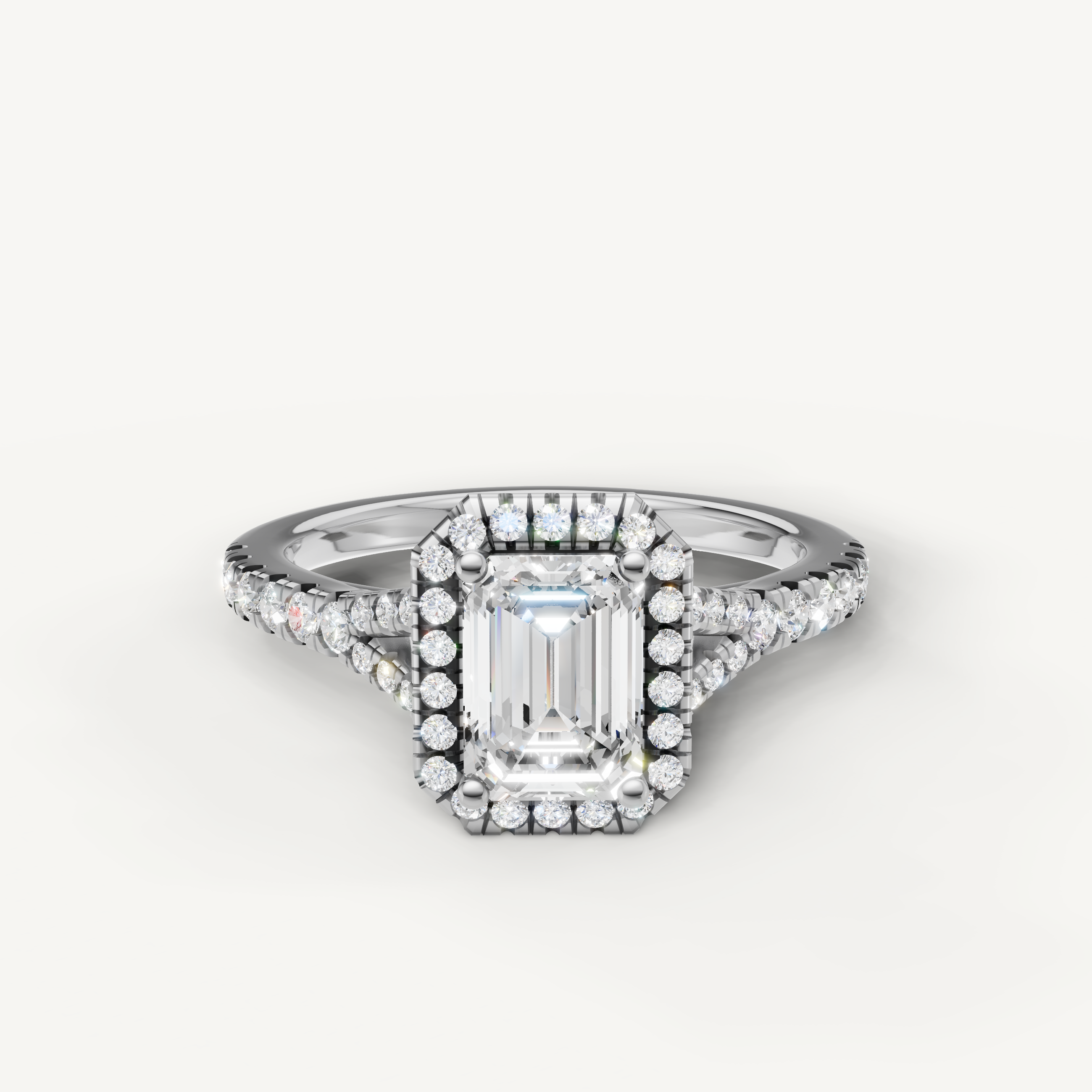 Emerald cut halo pavé lab grown diamond engagement ring in 14K white gold