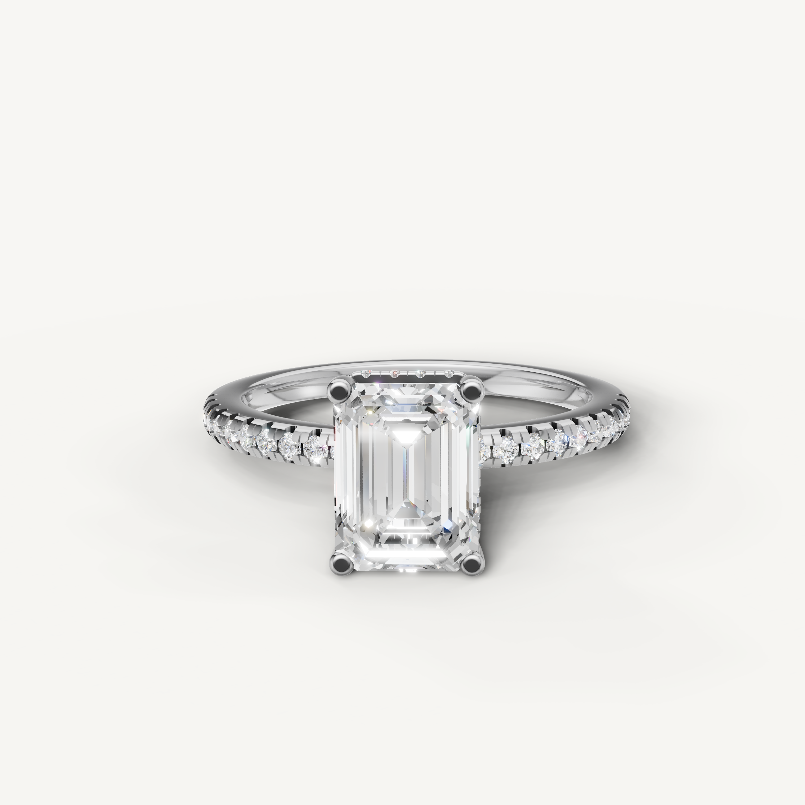 emerald cut lab grown diamond engagement ring with pavé band in 14k white gold
