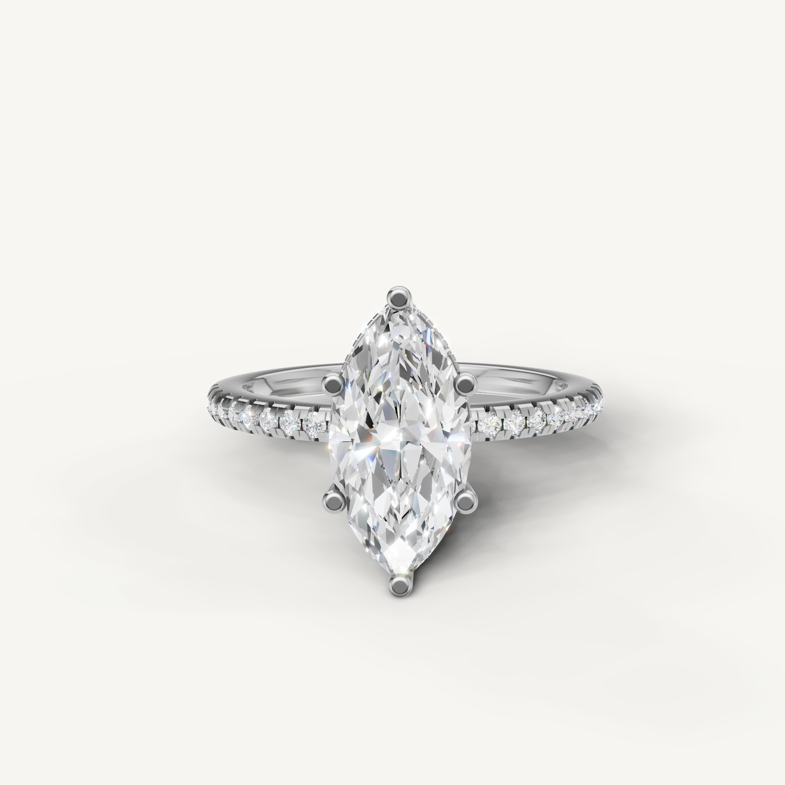 marquise cut lab grown diamond engagement ring with pavé band in 14k white gold