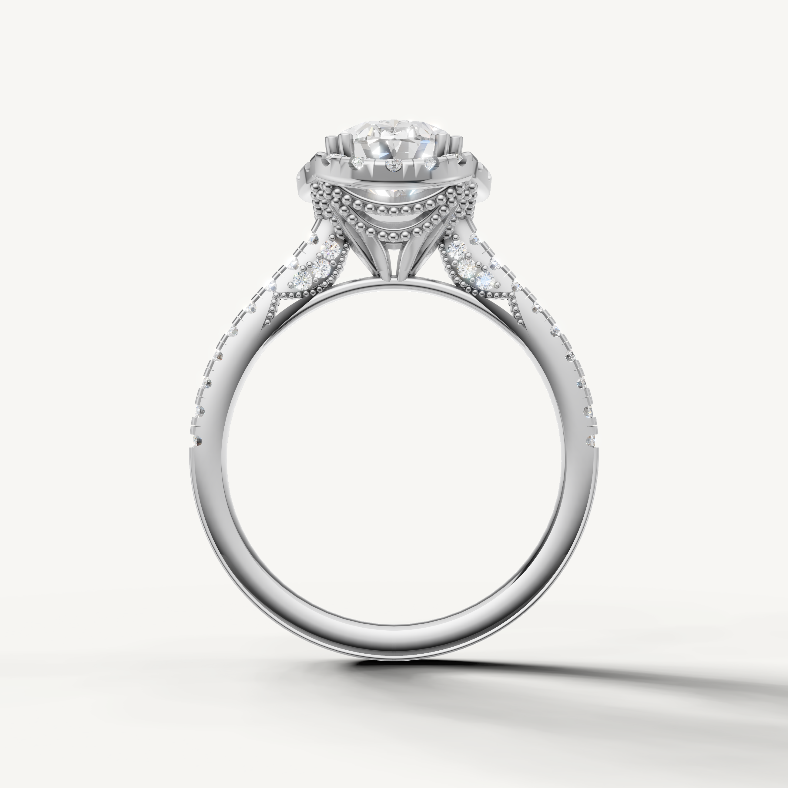 Premium oval cut lab grown diamond halo ring in white gold with elegant pavé detailing by Raul Diamonds