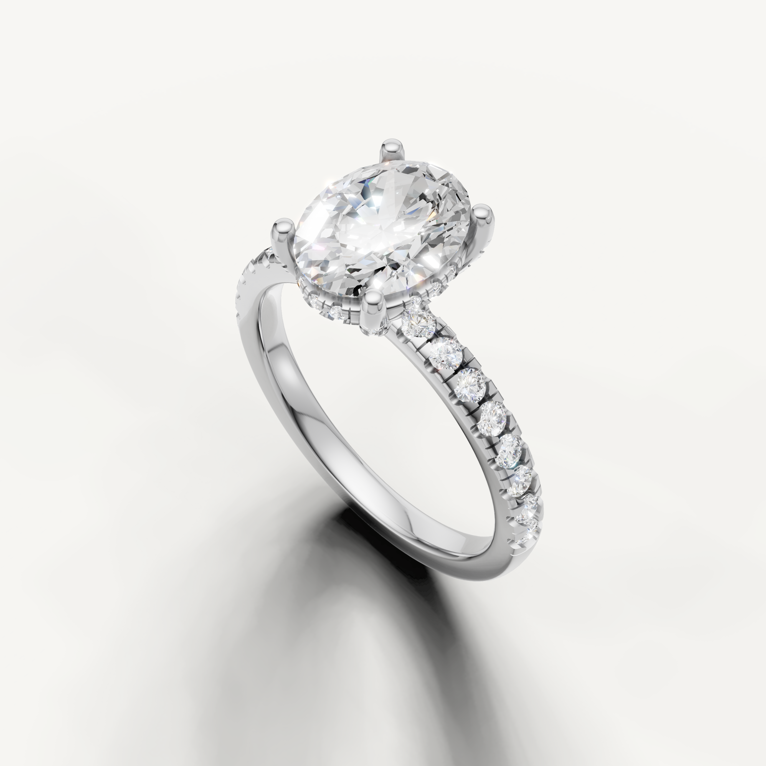 oval diamond engagement ring with micro pavé band 14k white gold