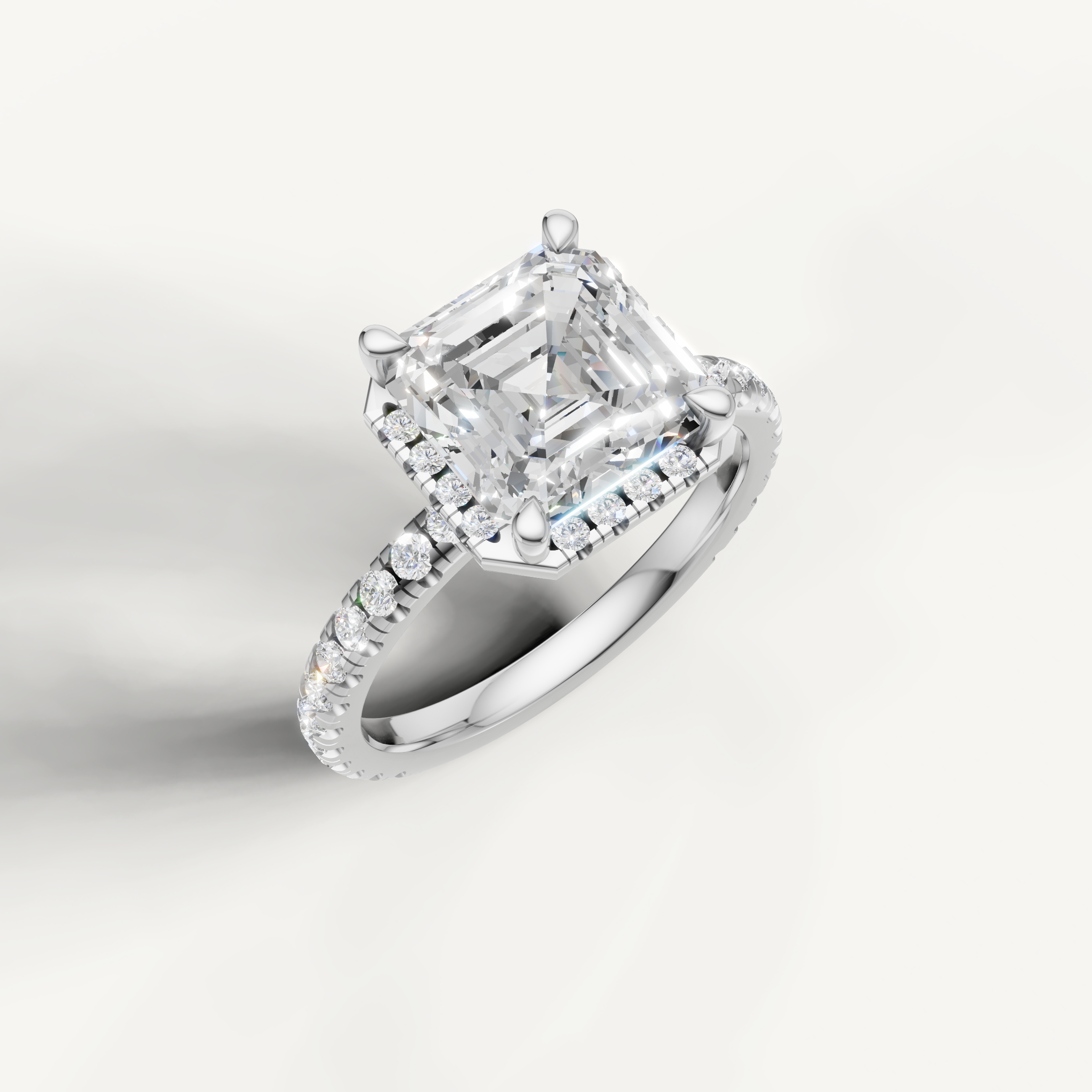 IGI certified Asscher cut lab diamond ring with pavé diamonds white gold elegant design