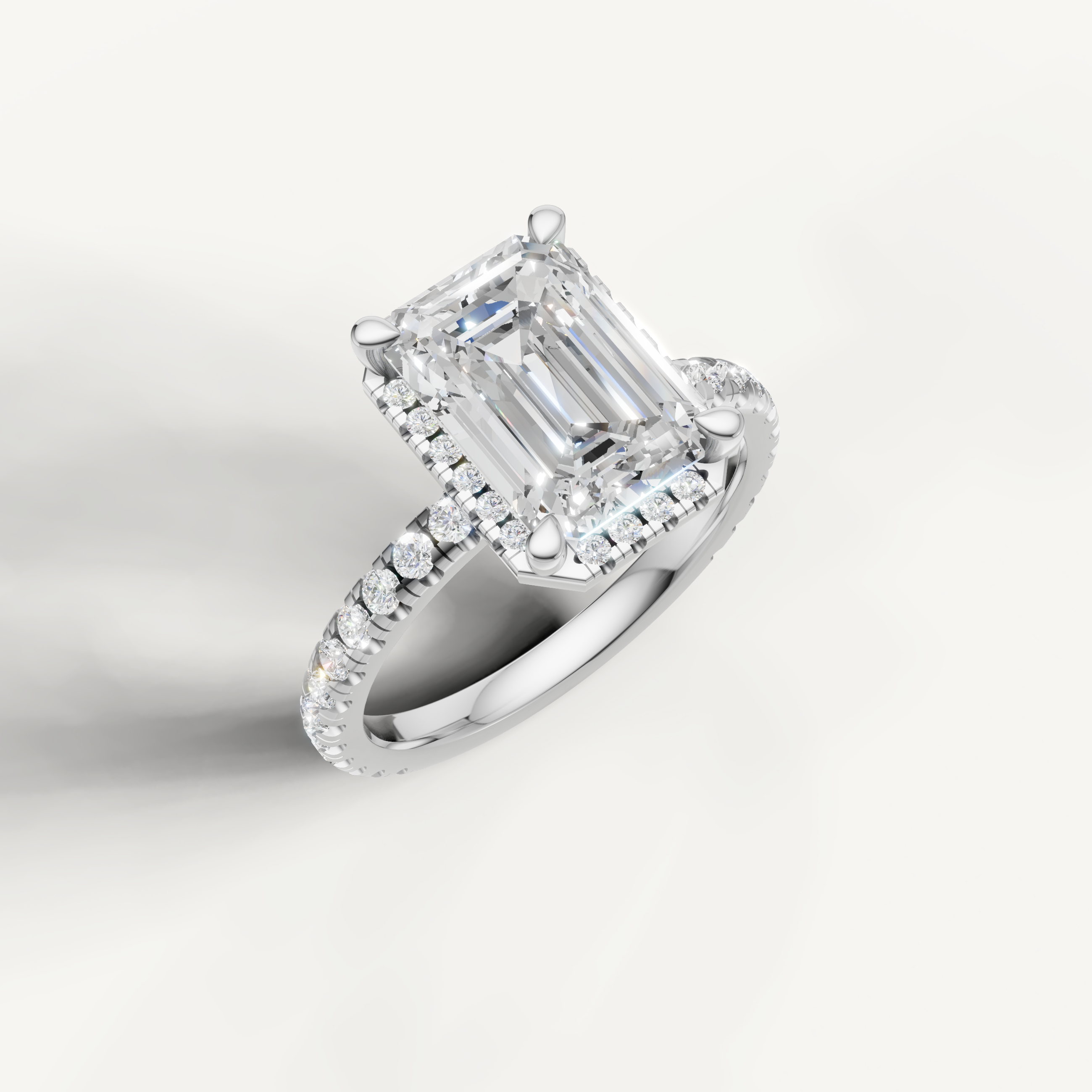IGI certified emerald cut lab diamond ring with hidden halo and pavé white gold setting