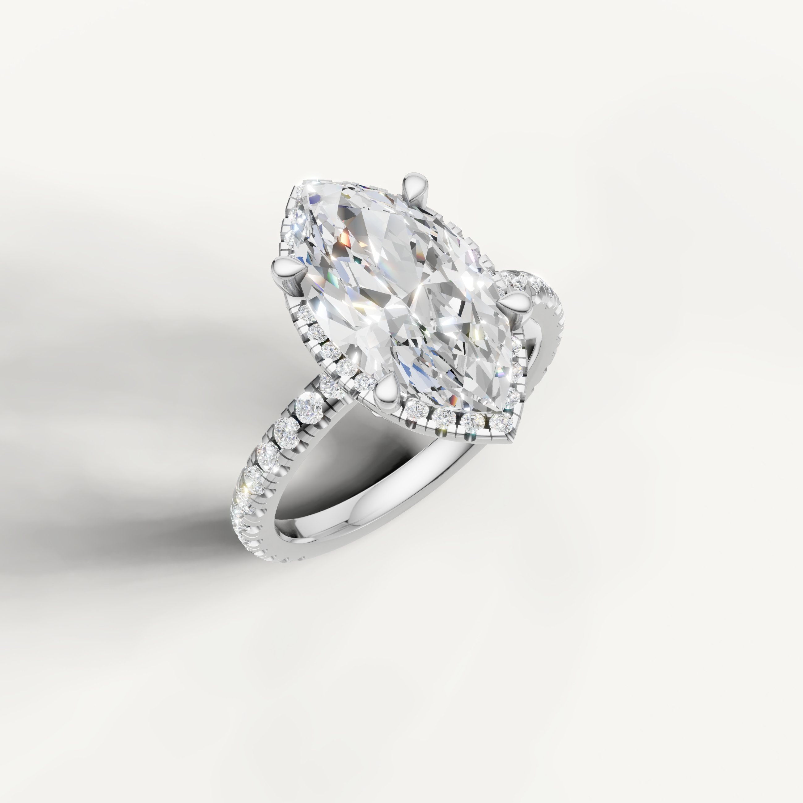 IGI certified marquise diamond ring with hidden halo and pavé band white gold setting