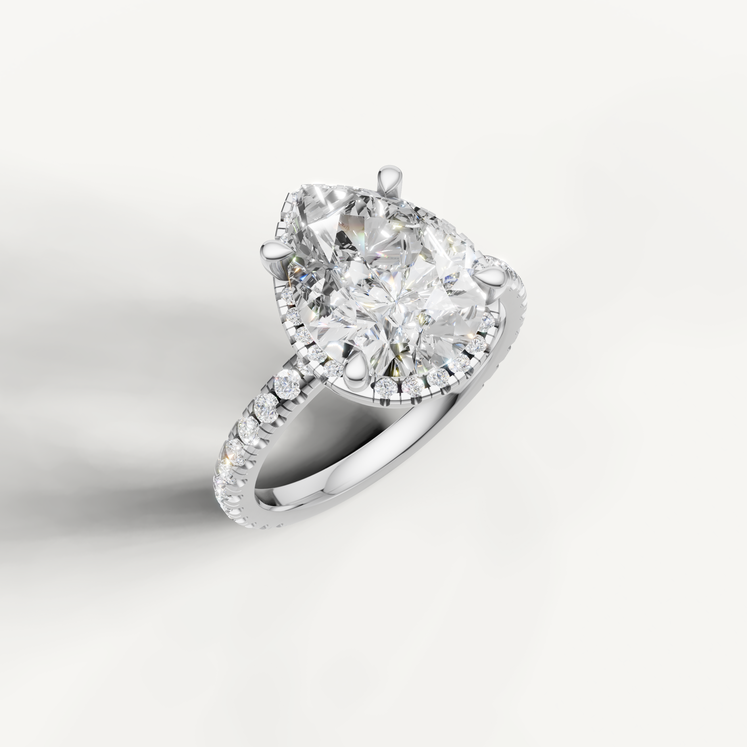 IGI certified pear shape diamond ring with hidden halo pavé band white gold setting