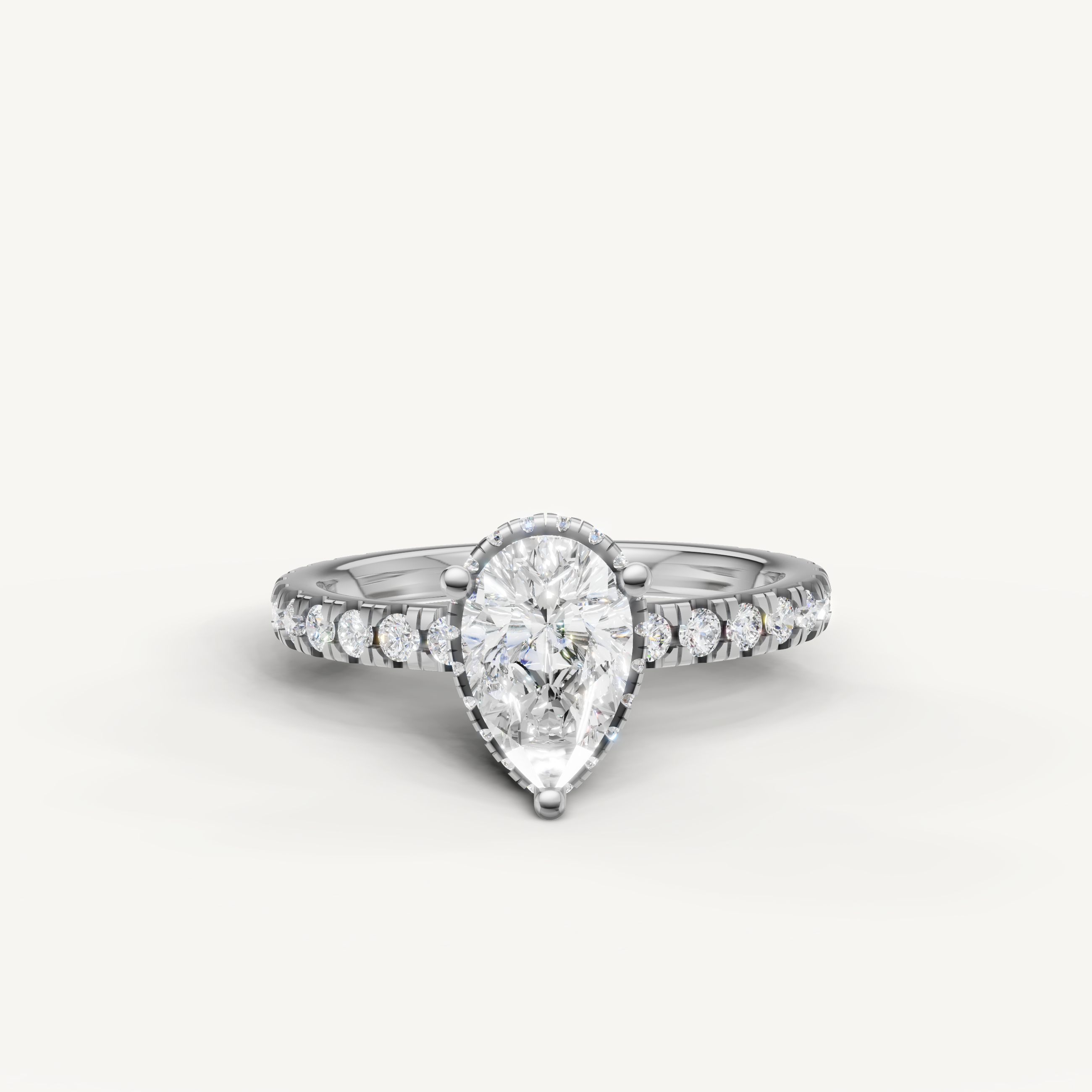 pear cut lab grown diamond hidden halo engagement ring in 14k white gold with classic pavé diamond band