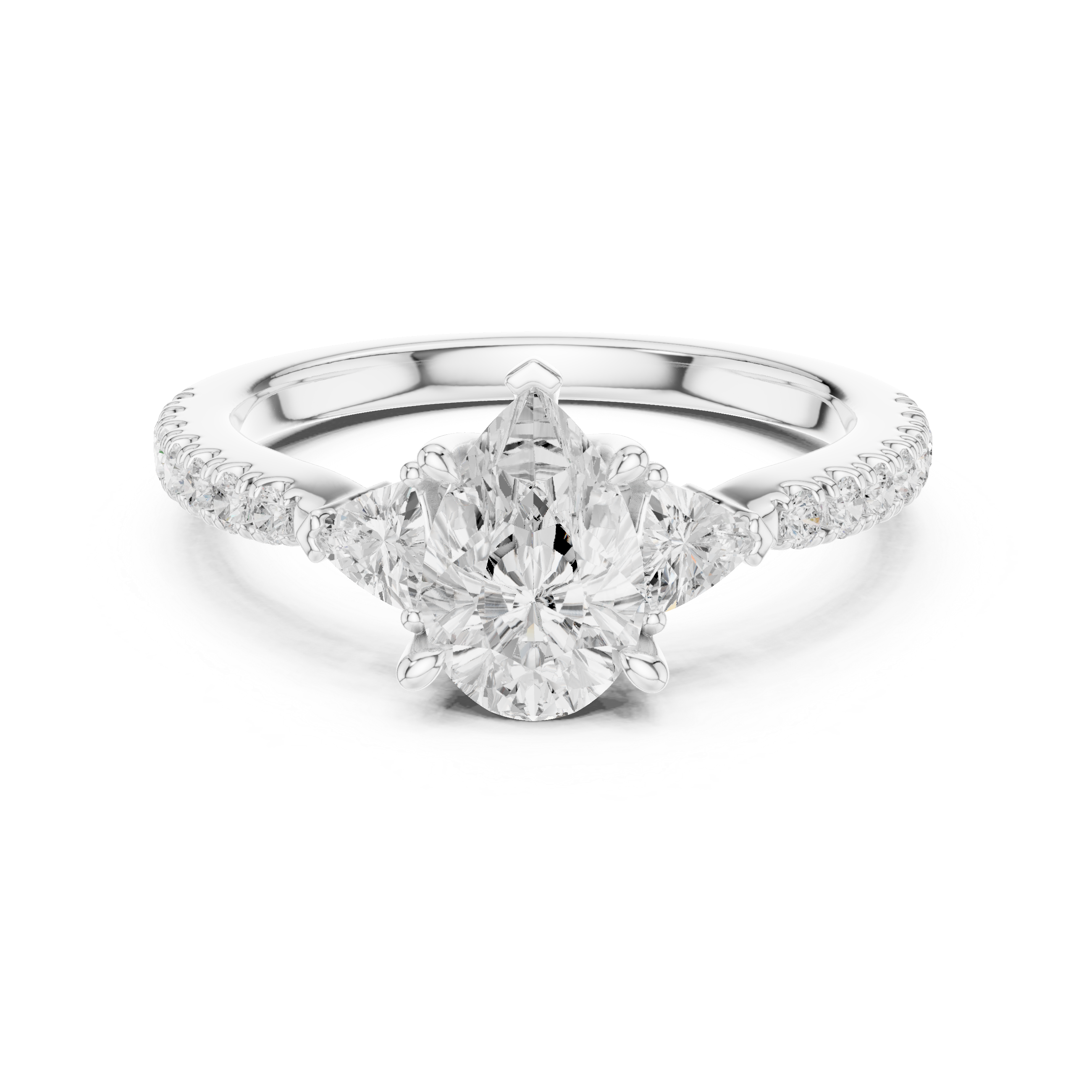 Engagement ring with pear cut lab diamond pavé band