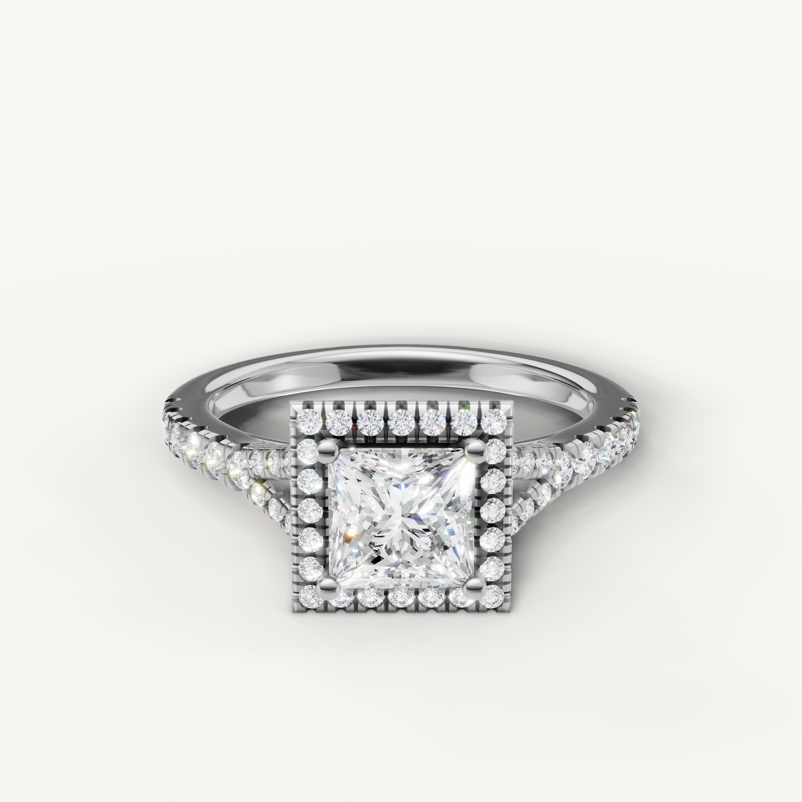 Princess cut halo pavé lab grown diamond engagement ring in 14K white gold