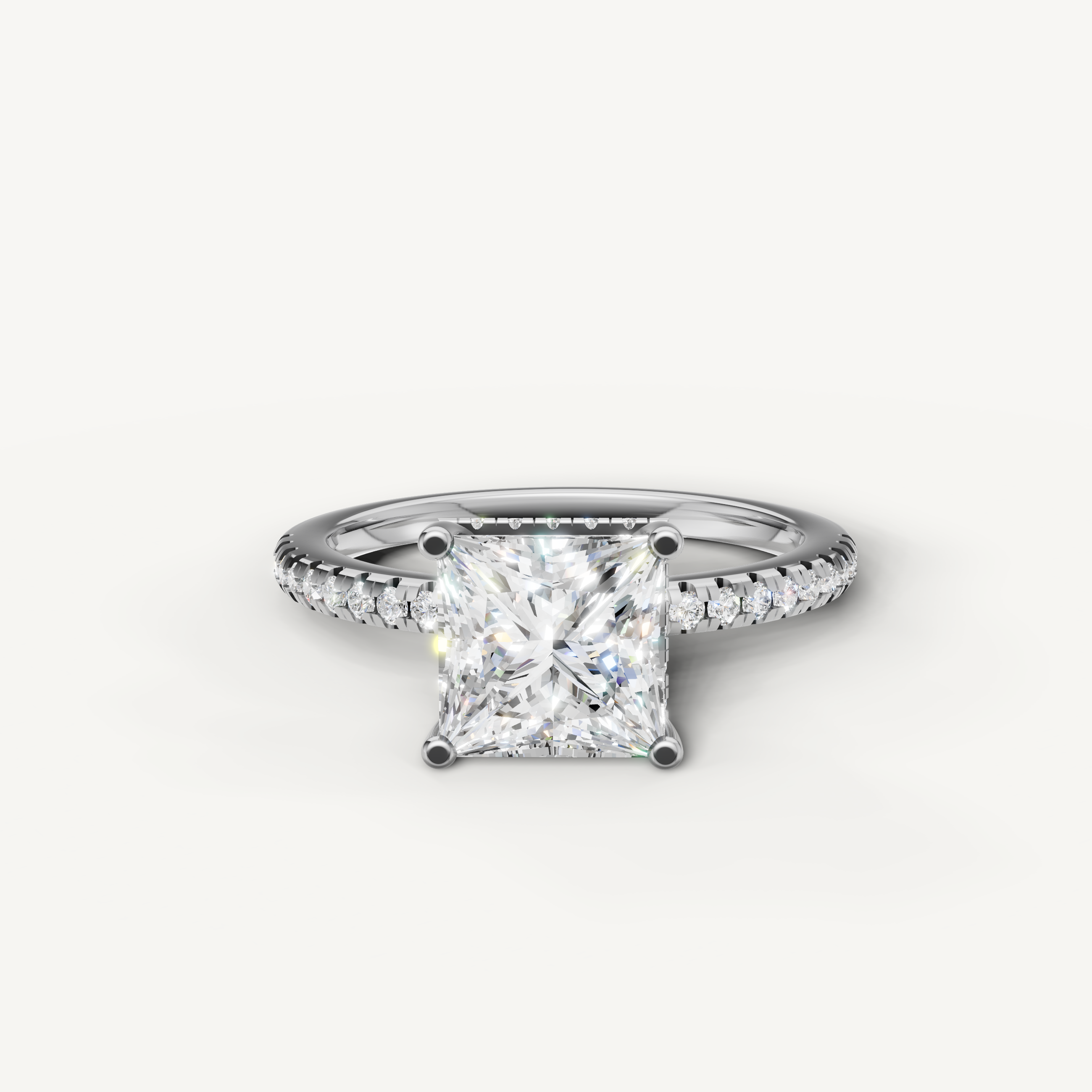 princess cut lab grown diamond engagement ring with pavé band in 14k white gold