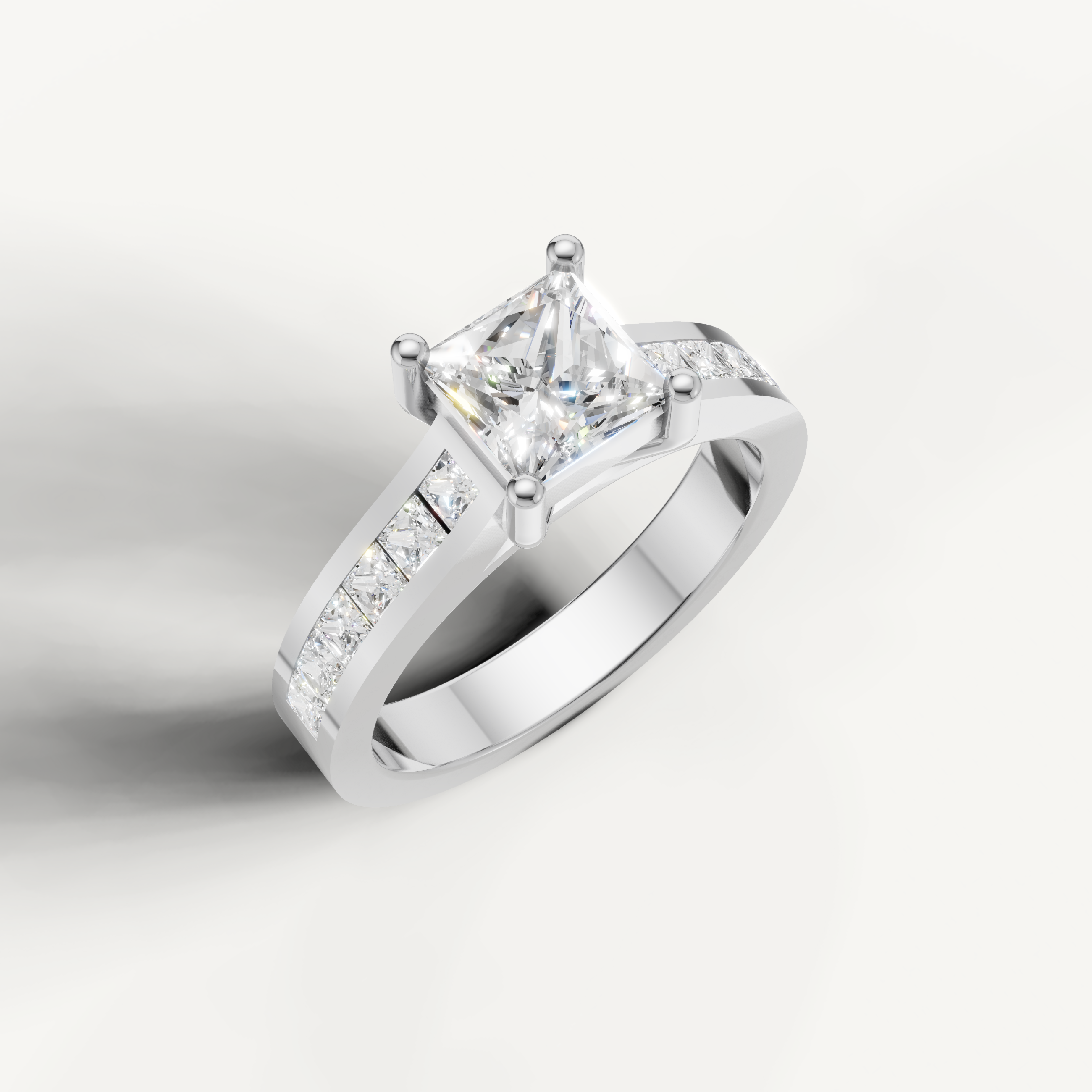 Premium princess cut diamond ring with polished gold band by Raul Diamonds