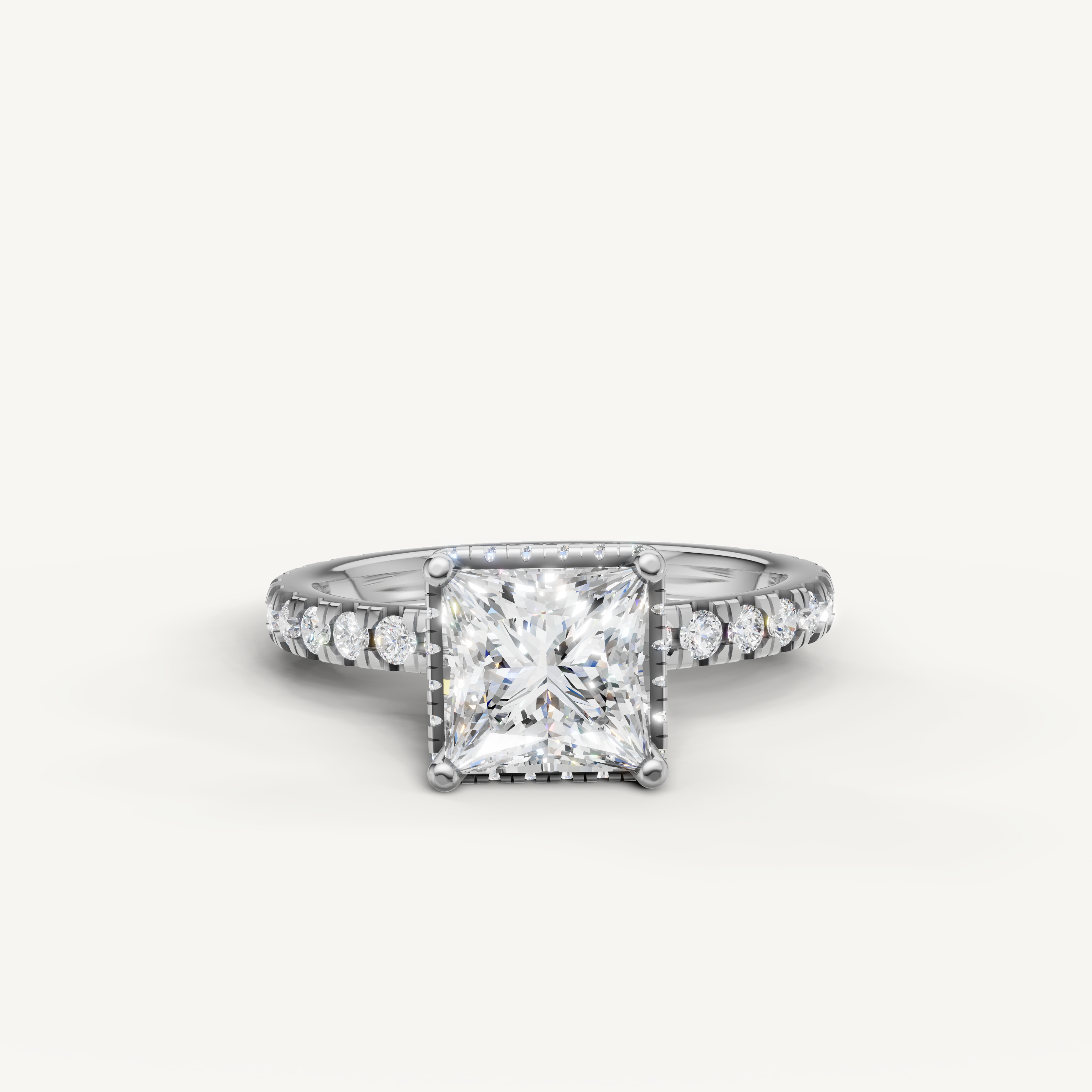 princess cut lab grown diamond hidden halo engagement ring in 14k white gold with pavé diamond band and modern brilliance