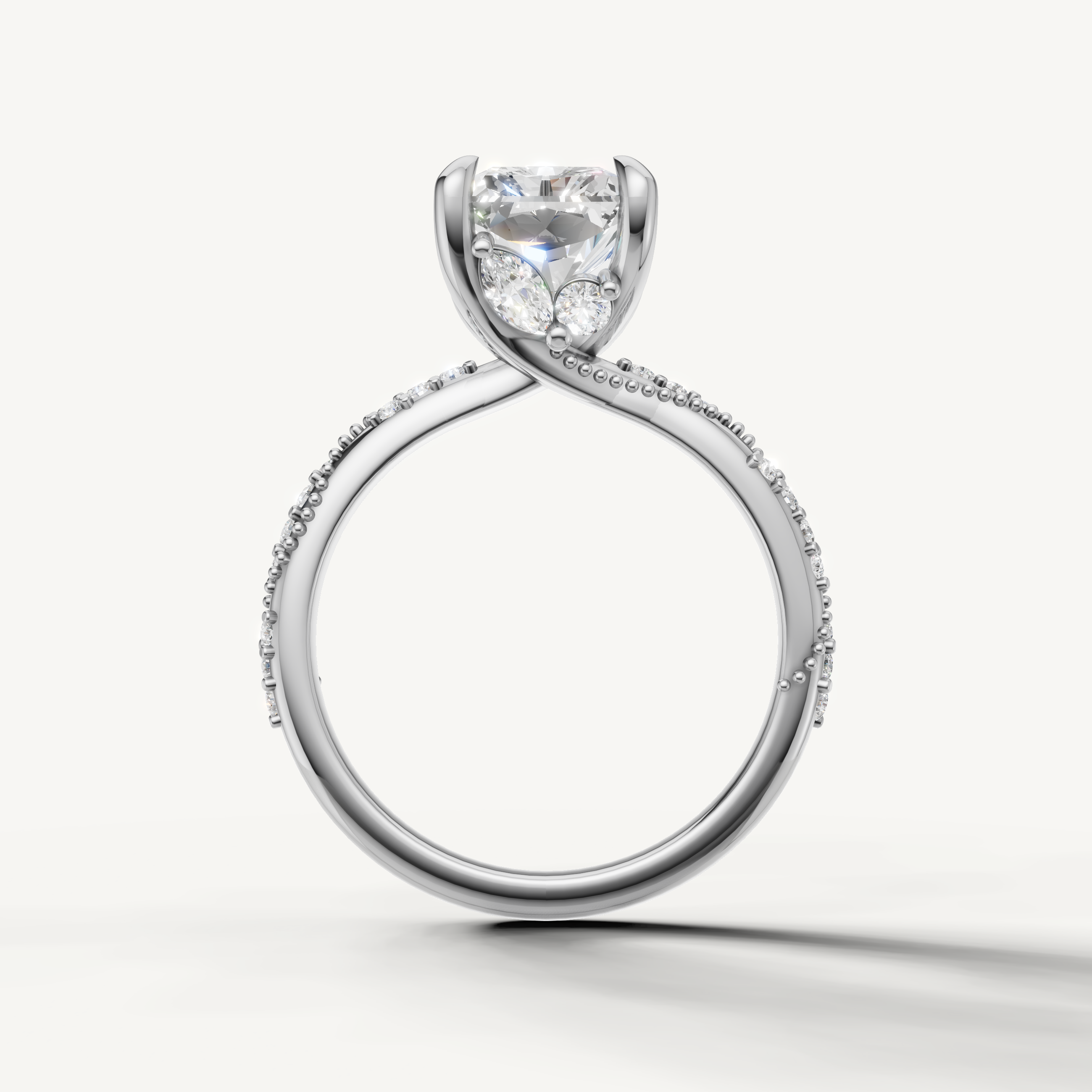 radiant diamond engagement ring with elegant crossover pavé band white gold
