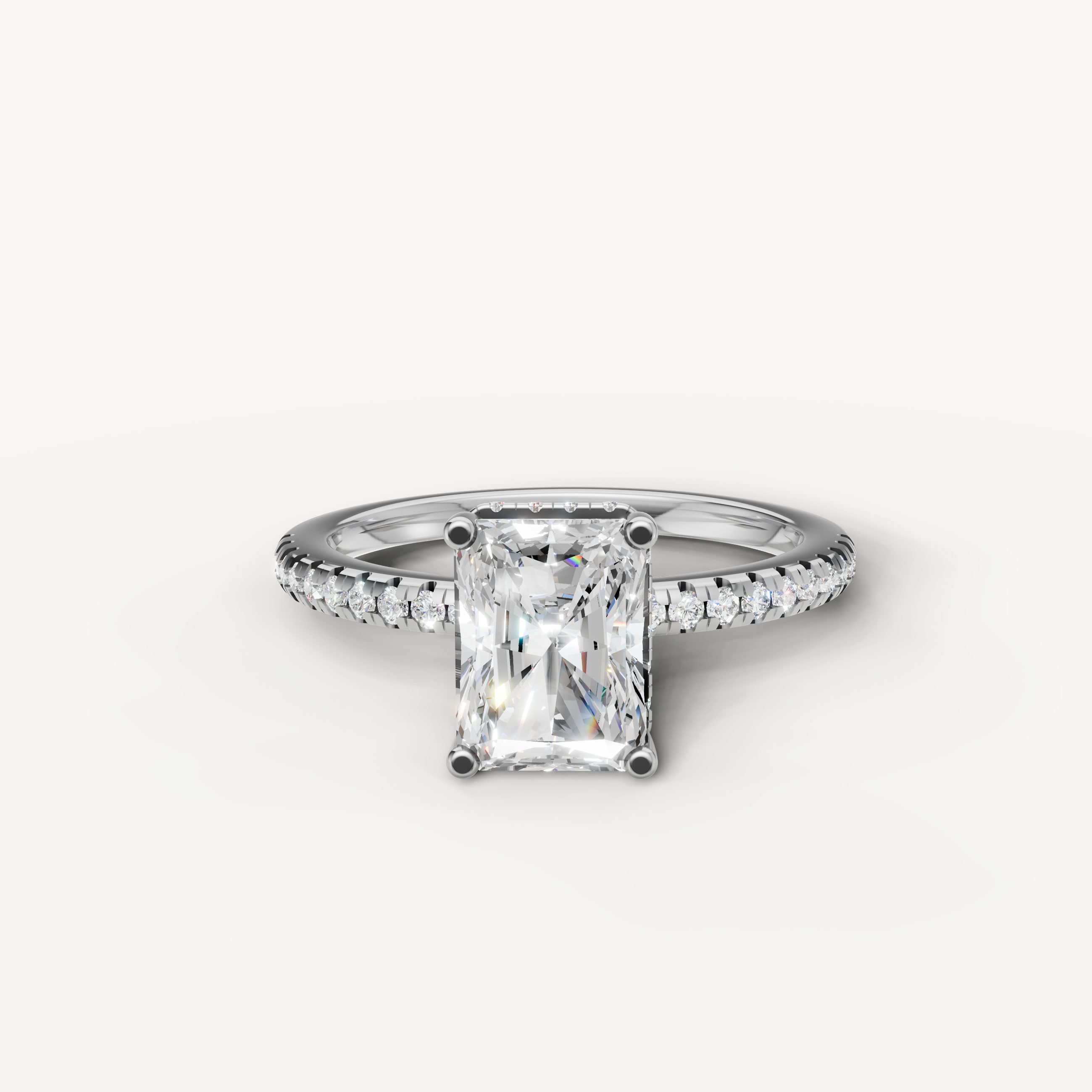 radiant cut lab grown diamond engagement ring with pavé band in 14k white gold