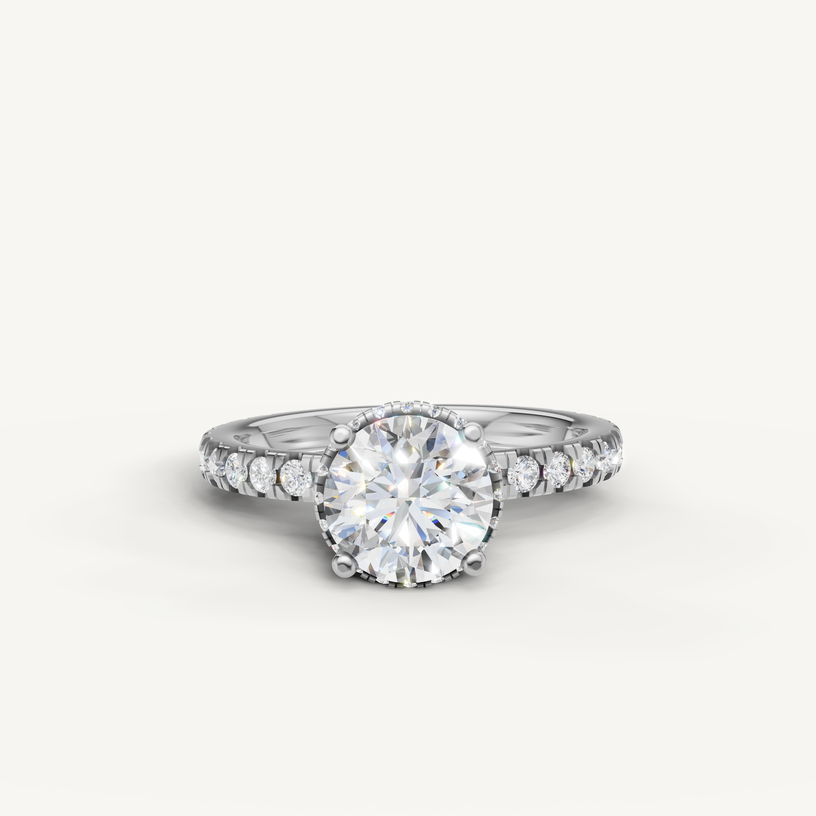 round brilliant cut lab grown diamond hidden halo engagement ring in 14k white gold with pavé diamond band