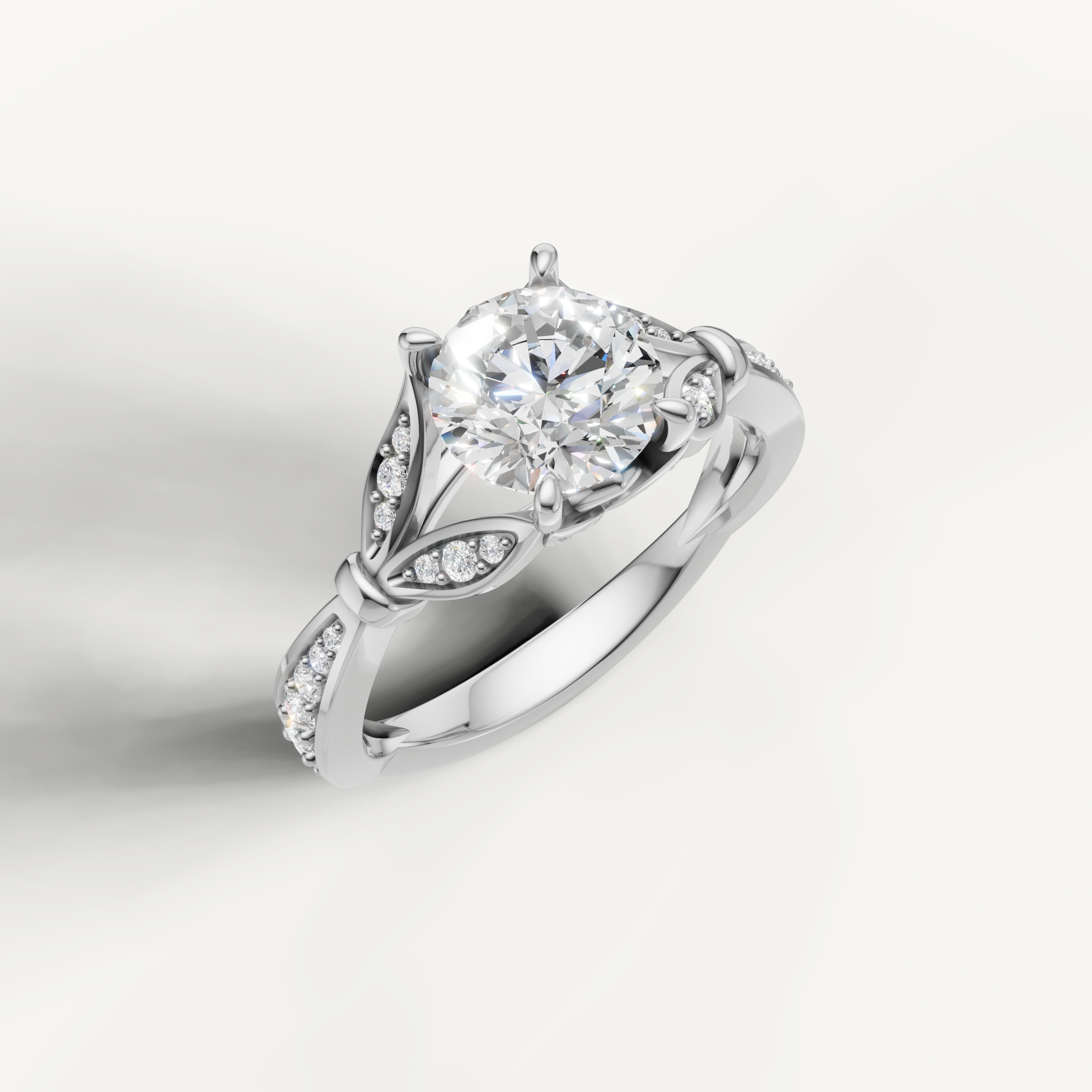 White gold round cut lab grown diamond ring with vintage inspired elegance and brilliant sparkle by Raul Diamonds