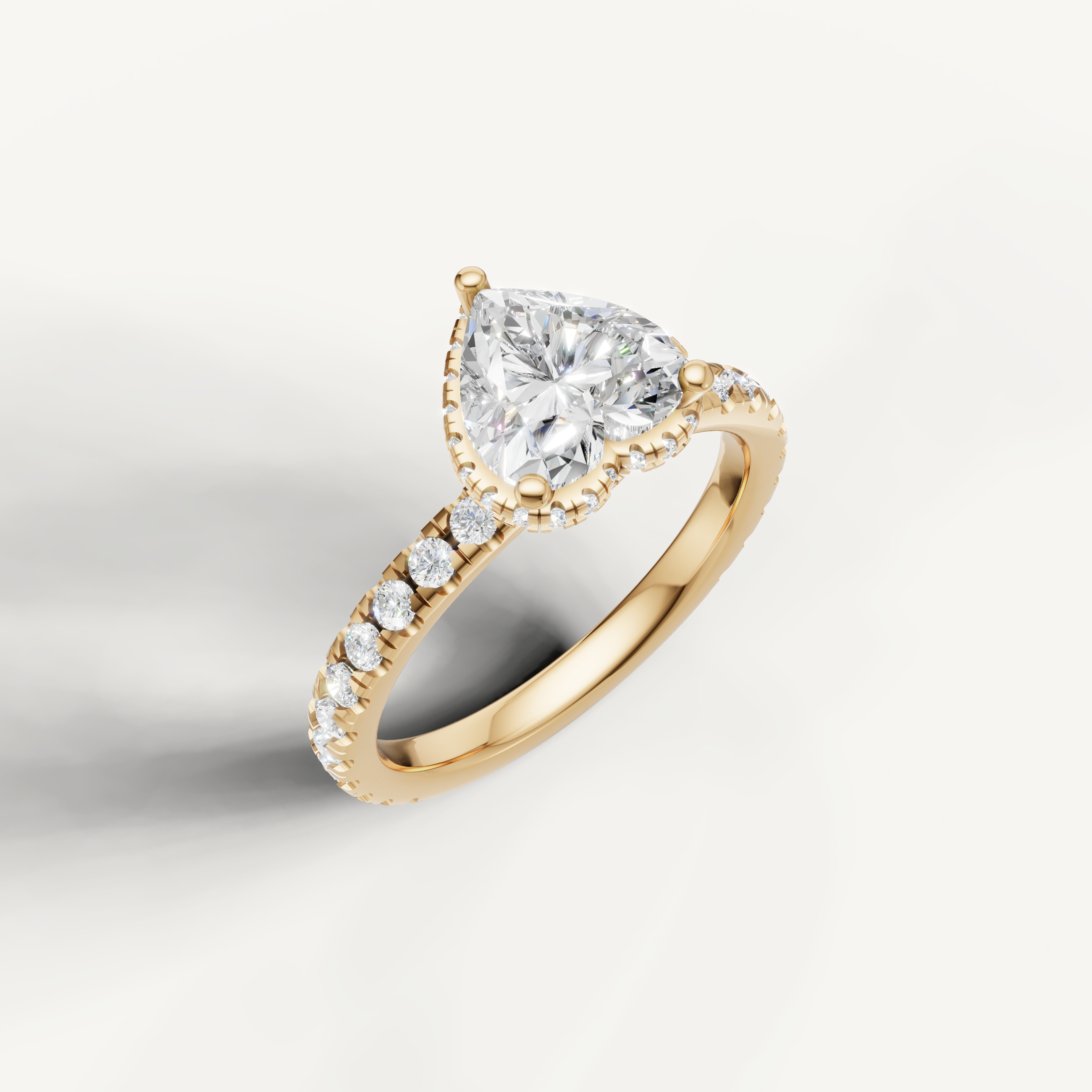yellow gold heart solitaire ring with pavé diamond band