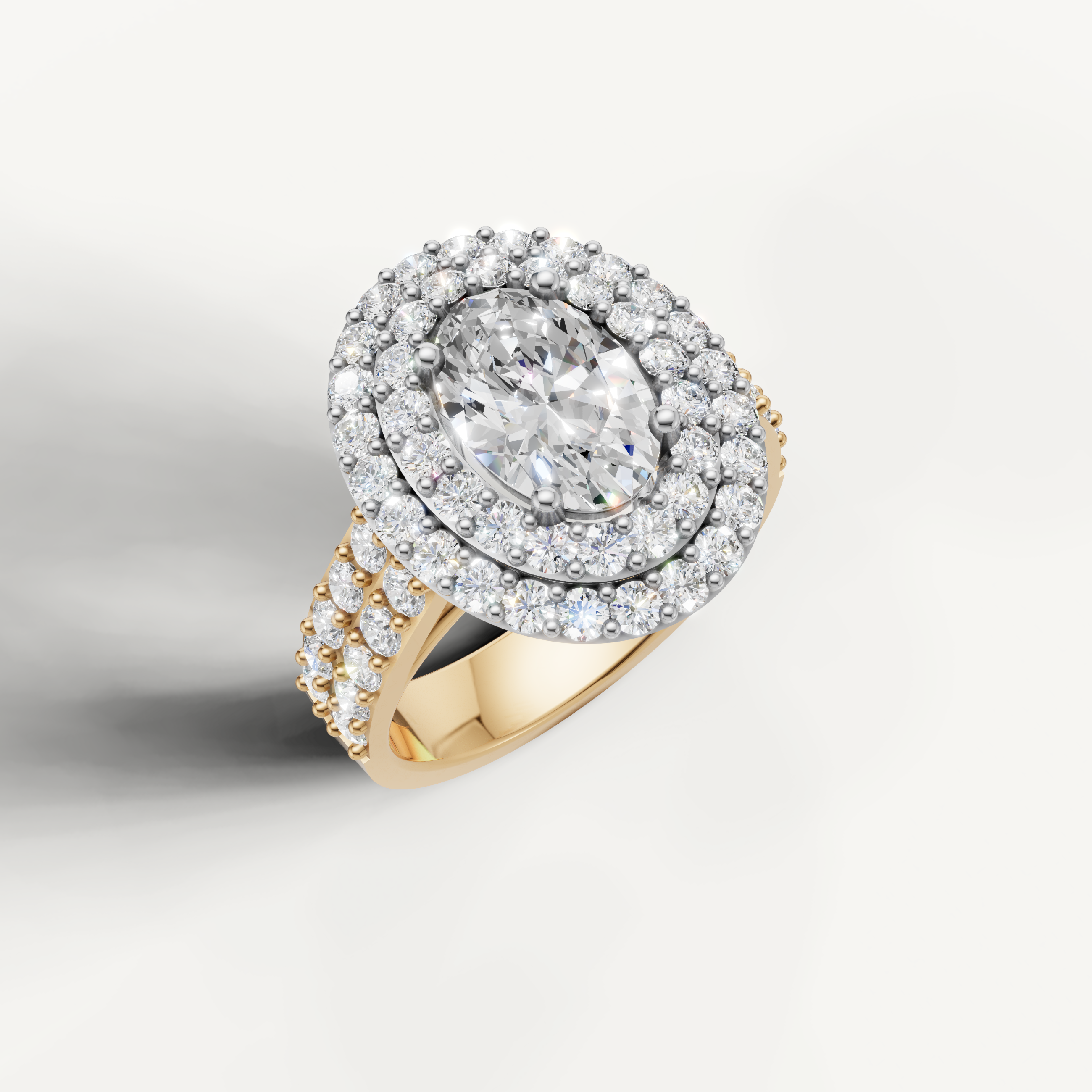 Luxury oval cut diamond ring with double halo by Raul Diamonds