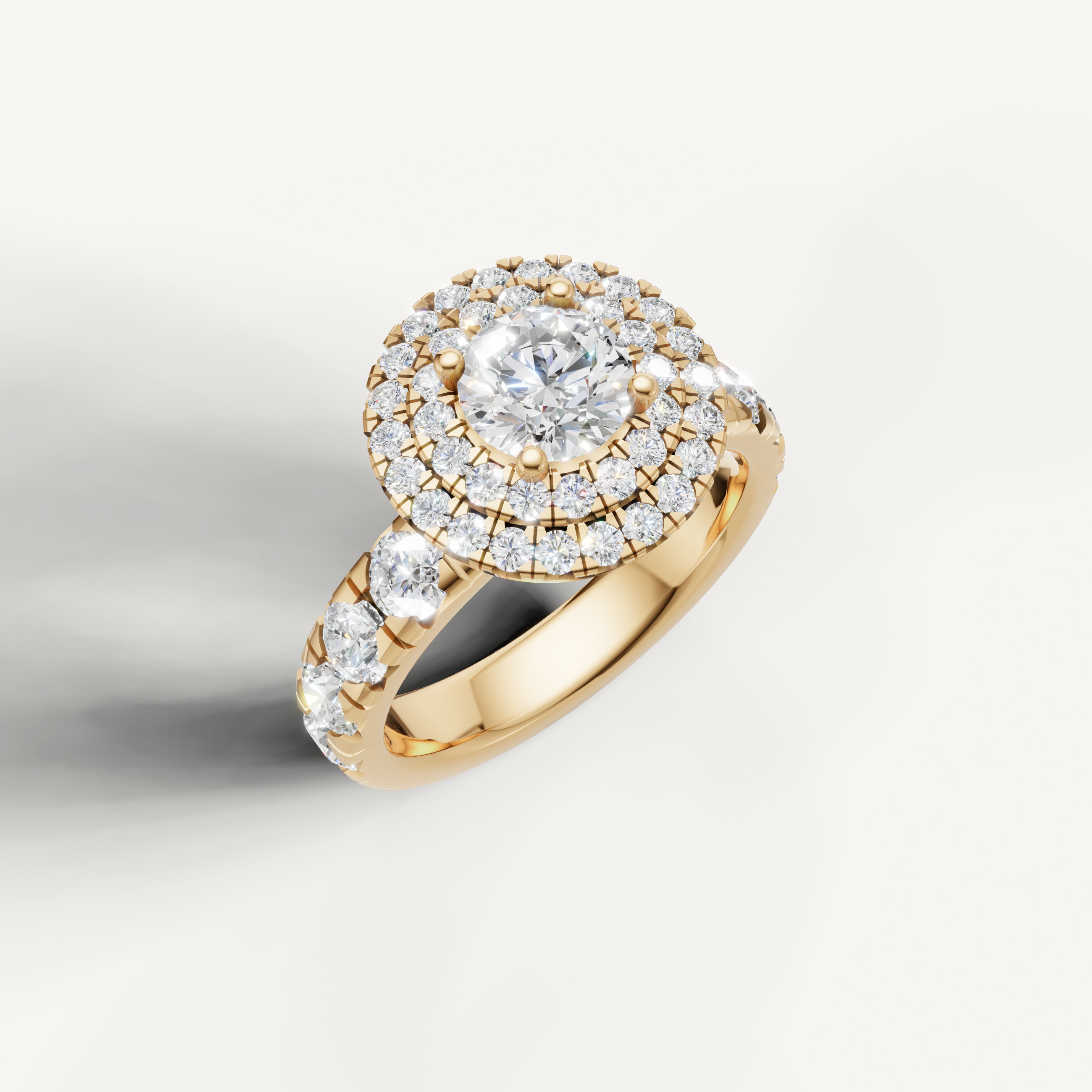 Luxury round cut diamond ring with double halo by Raul Diamonds