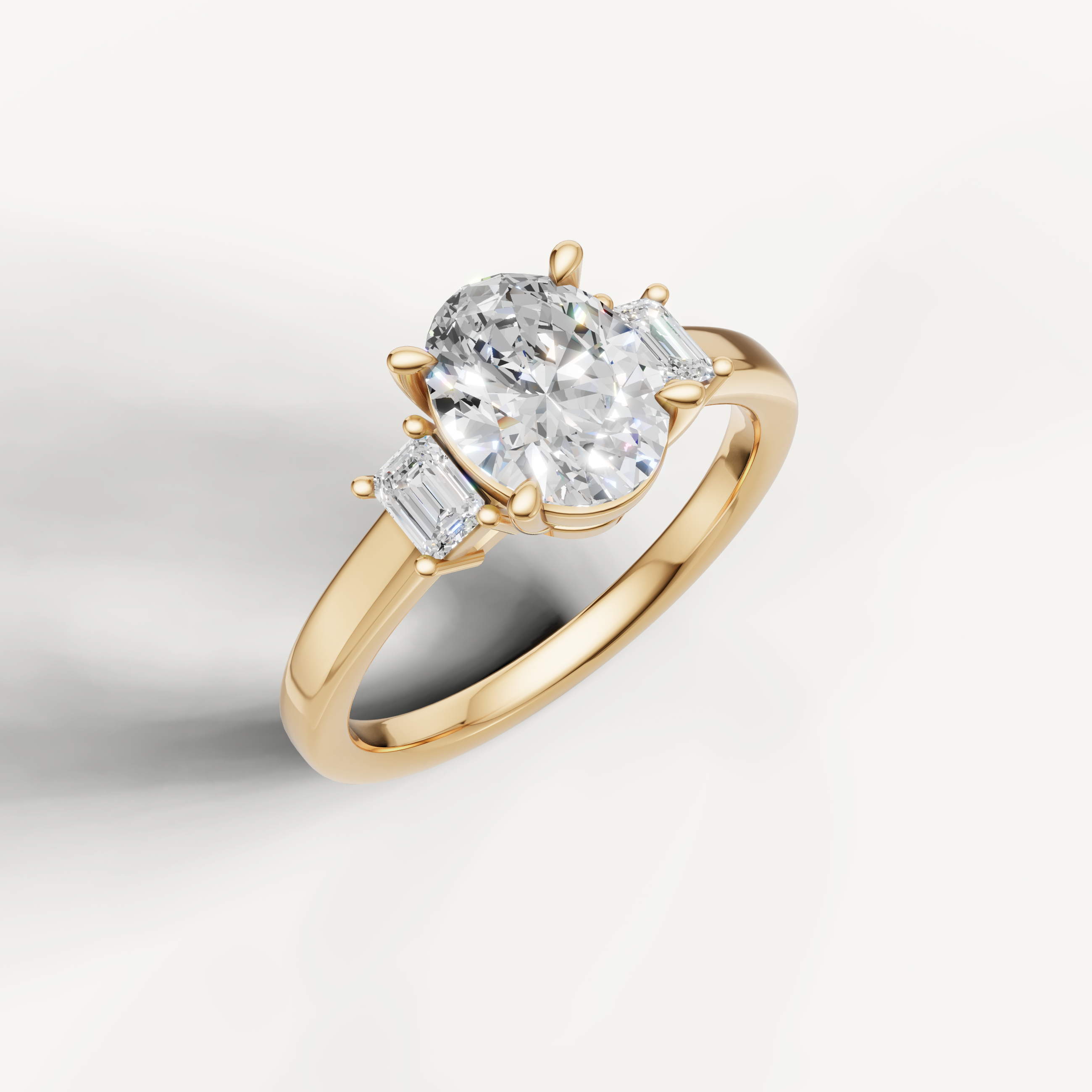 14K yellow gold oval lab grown diamond ring with step cut side diamonds and polished band