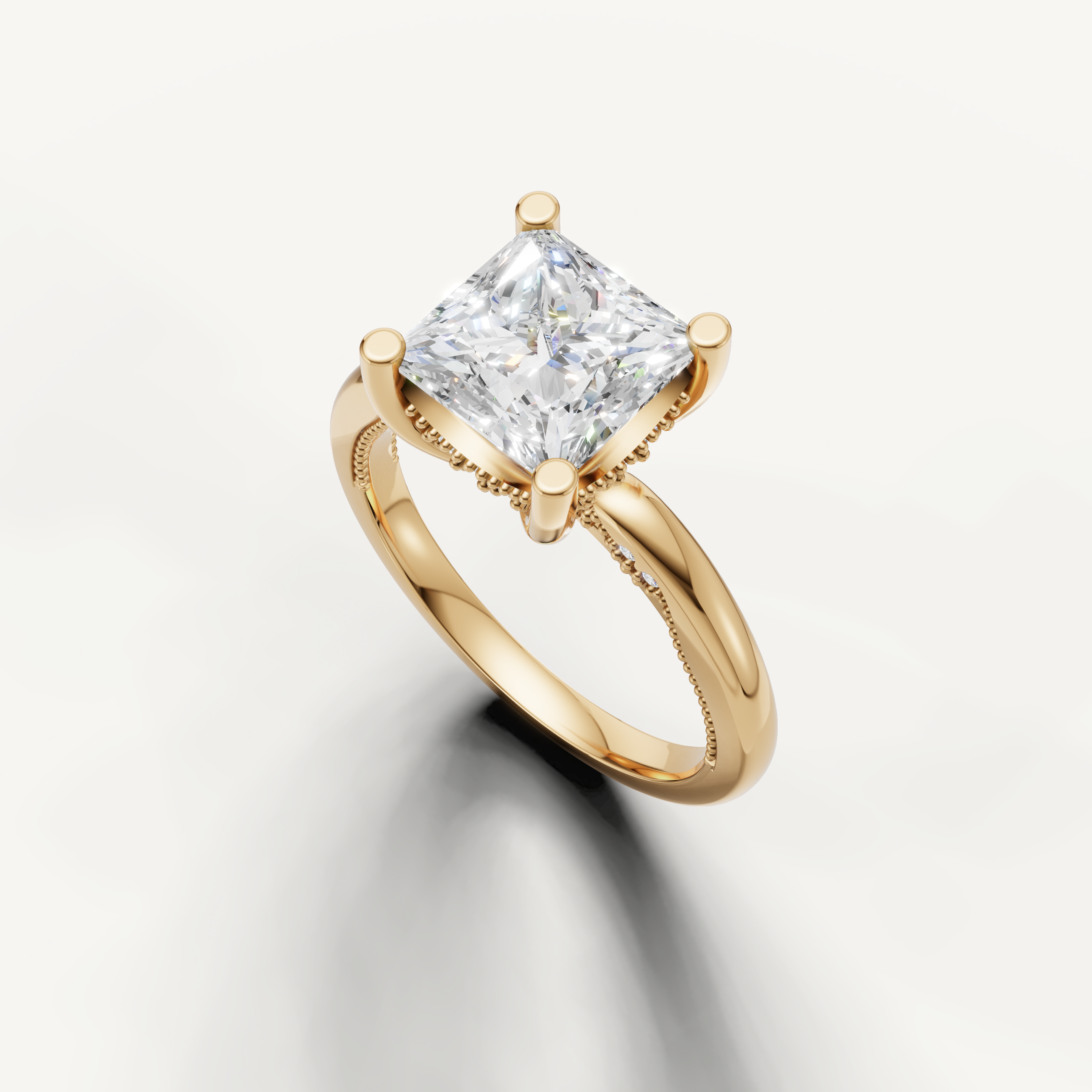 A luxurious princess-cut engagement ring with a smooth, high-polish yellow gold band, highlighting the crisp corners and brilliance of the center stone.