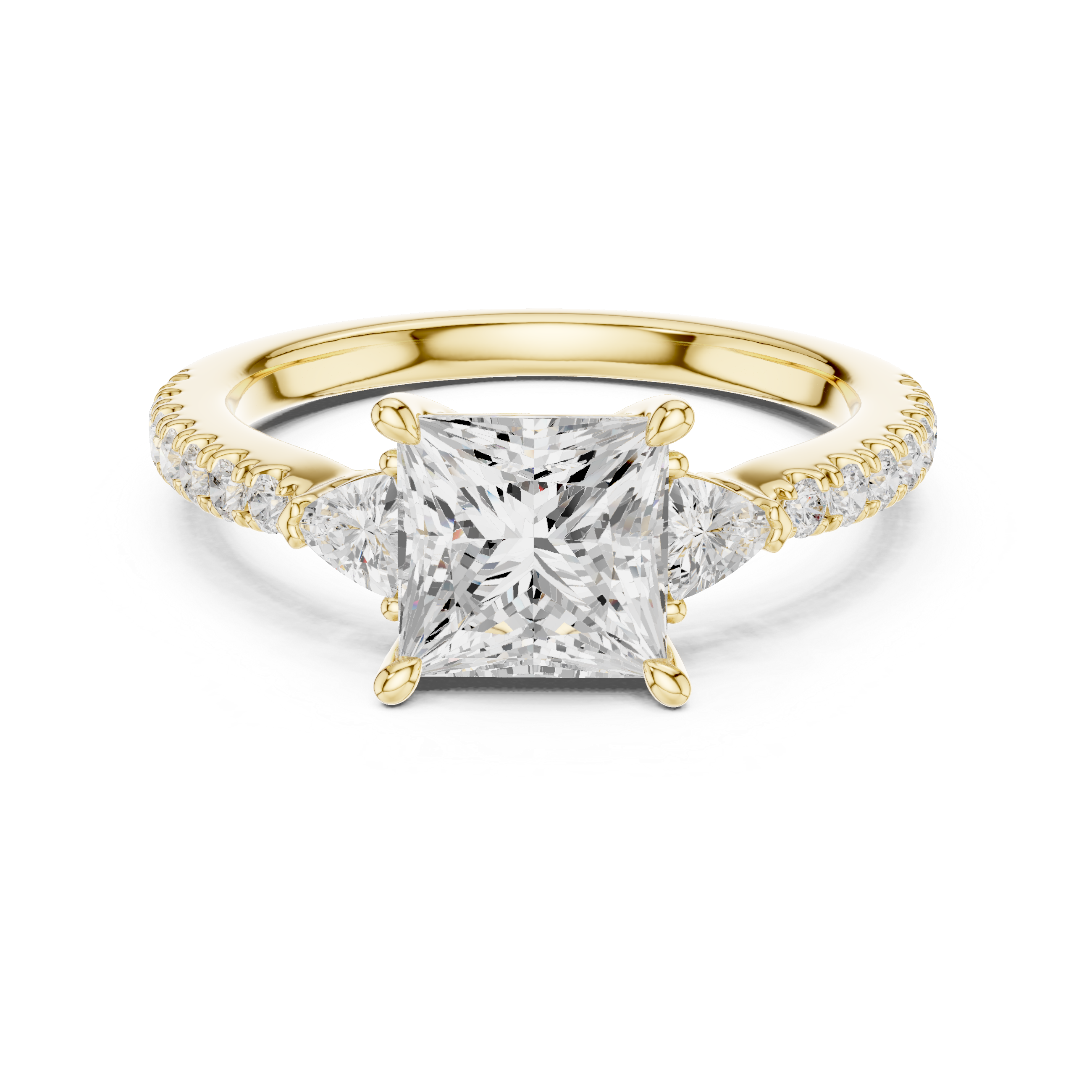 Princess cut lab diamond engagement ring with trillion side stones