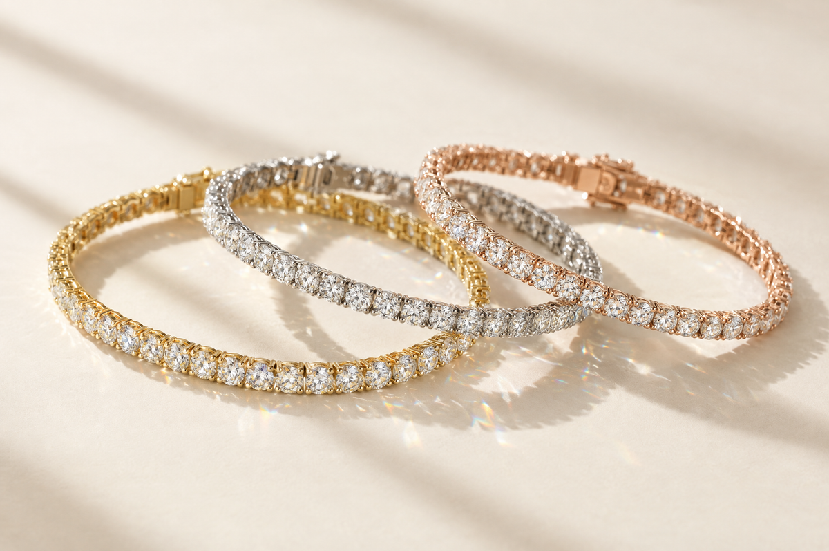 Lab-grown diamond tennis bracelets in yellow, white and rose gold