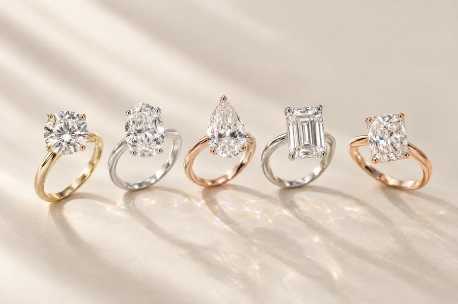 Five lab-grown diamond solitaire engagement rings in different shapes