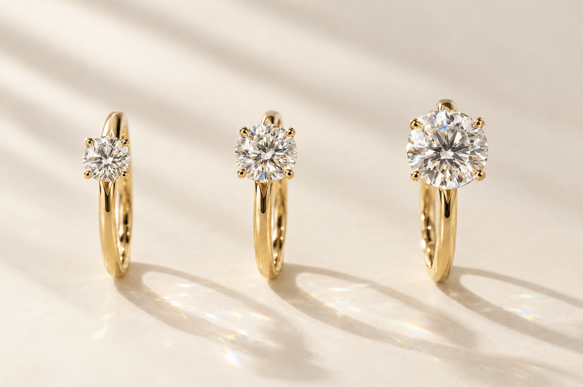 Three solitaire engagement rings with graduating diamond sizes