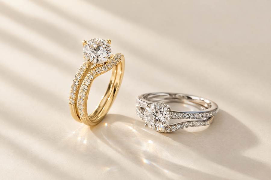 Lab-grown diamond bridal sets in yellow and white gold