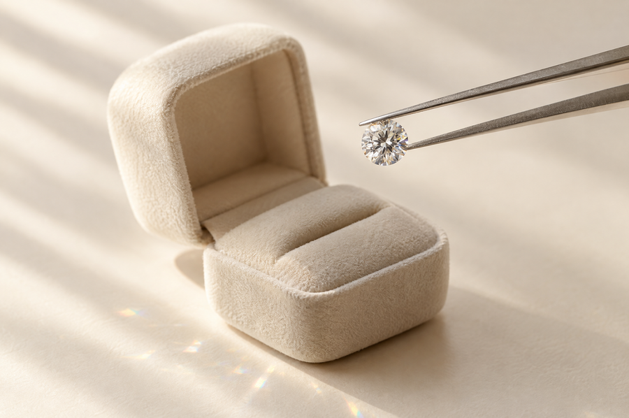 Loose lab-grown diamond held in tweezers above an open ring box