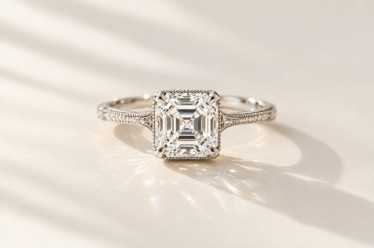 Asscher cut lab-grown diamond engagement ring in white gold