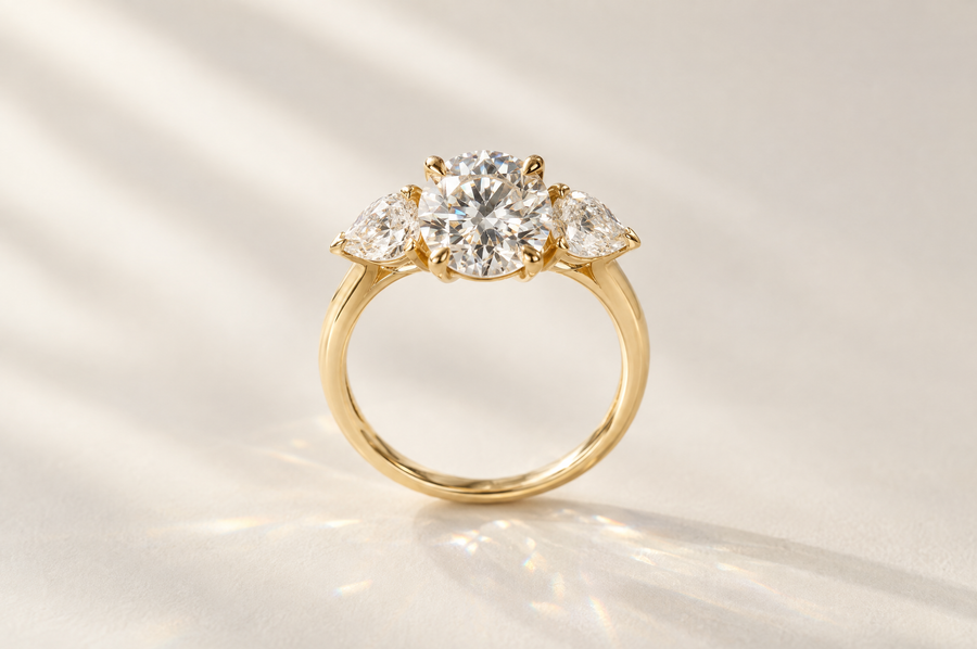 Three-stone engagement ring with a round center and pear side diamonds