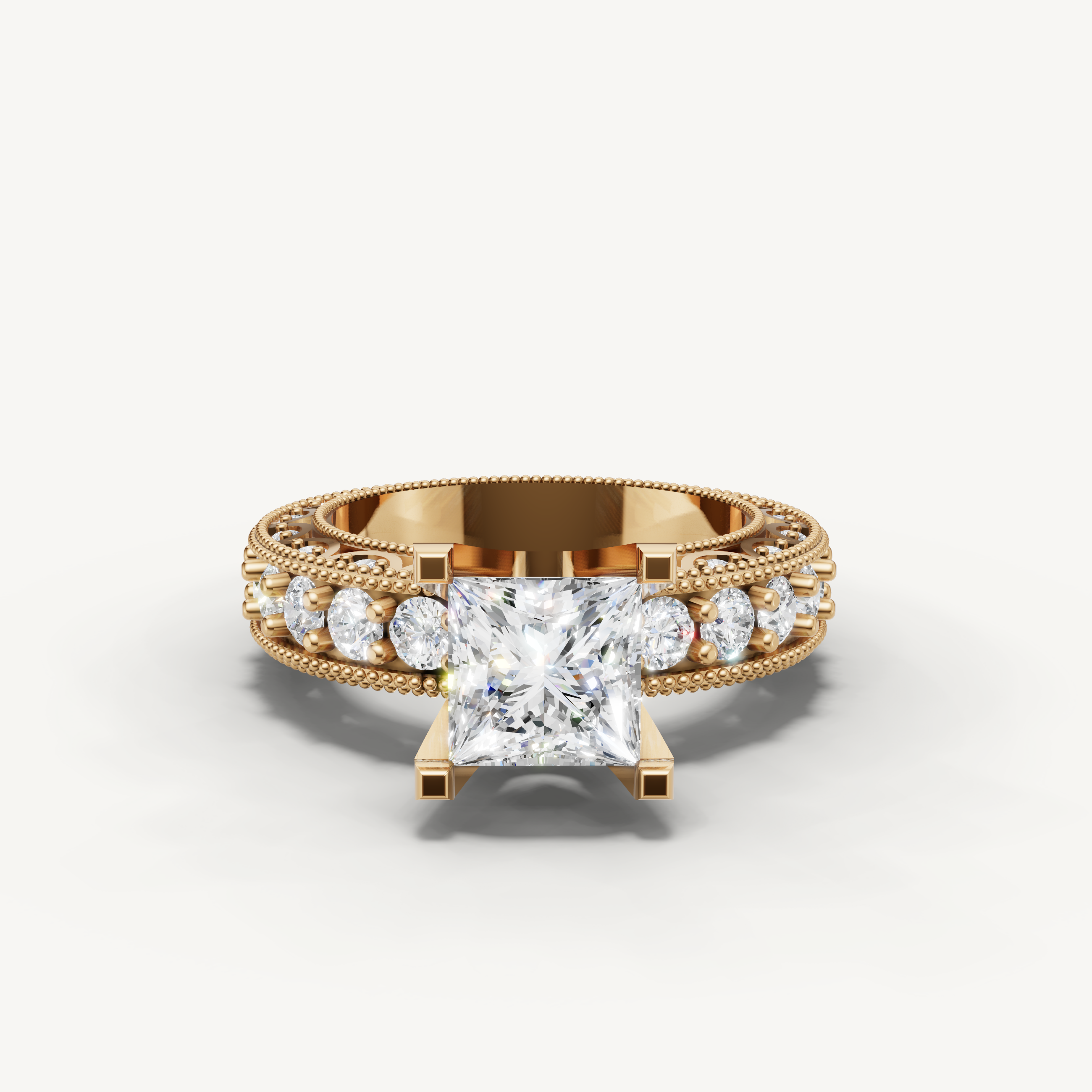 Yellow gold princess cut lab grown diamond engagement ring with pavé diamond band and vintage milgrain detailing by Raul Diamonds