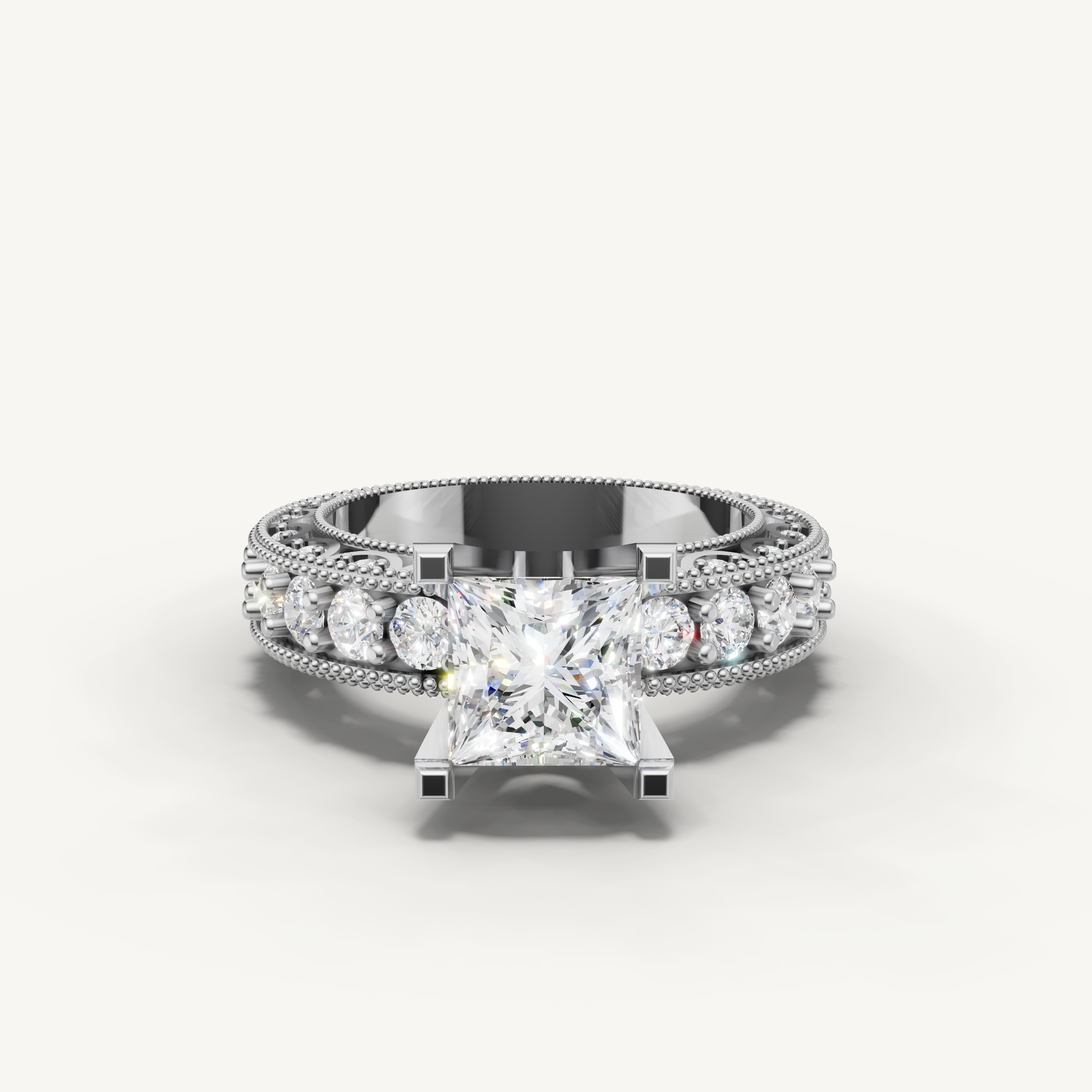 White gold princess cut lab grown diamond engagement ring with pavé diamond band and vintage milgrain detailing by Raul Diamonds