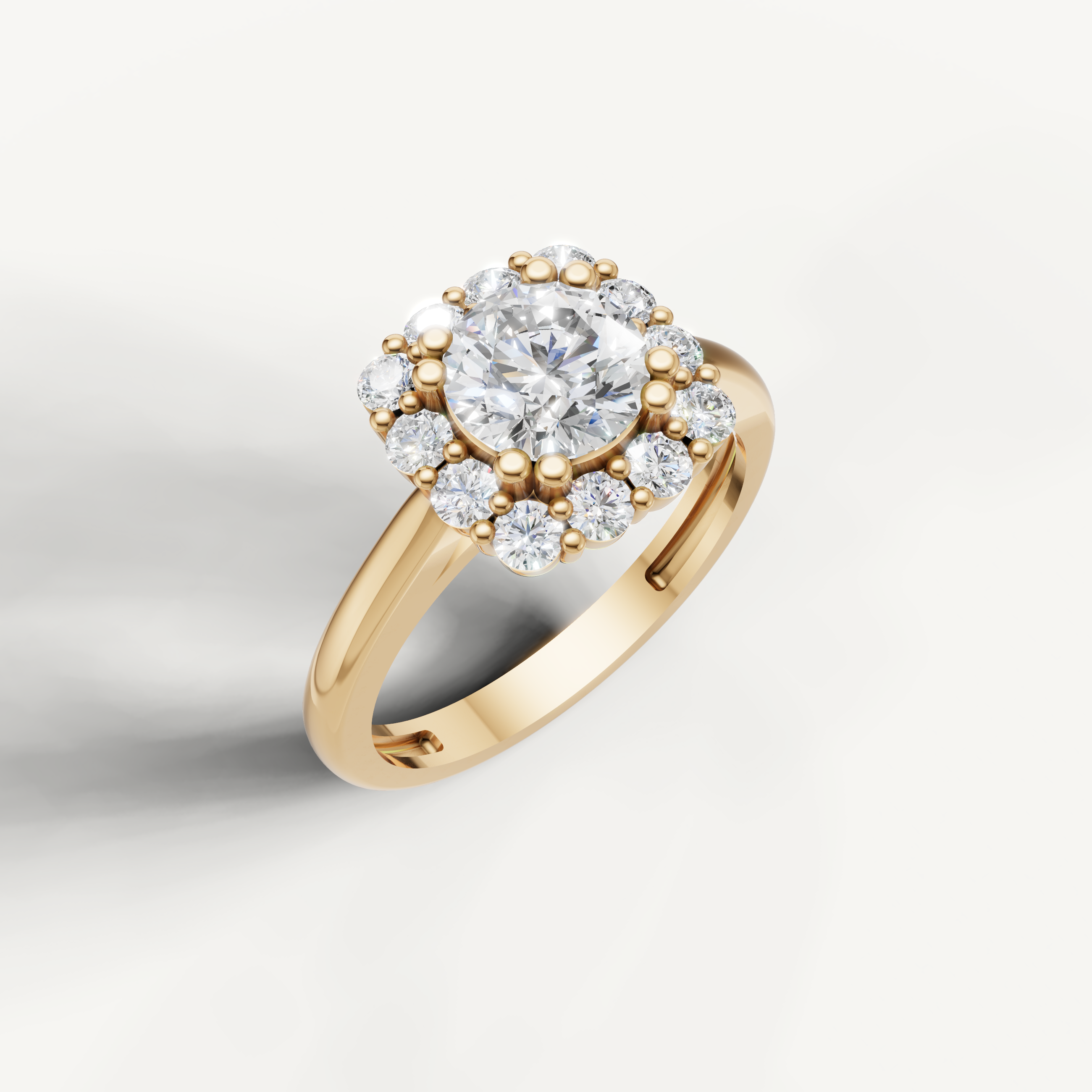 Yellow gold round diamond halo ring with vintage inspired design by Raul Diamonds.
