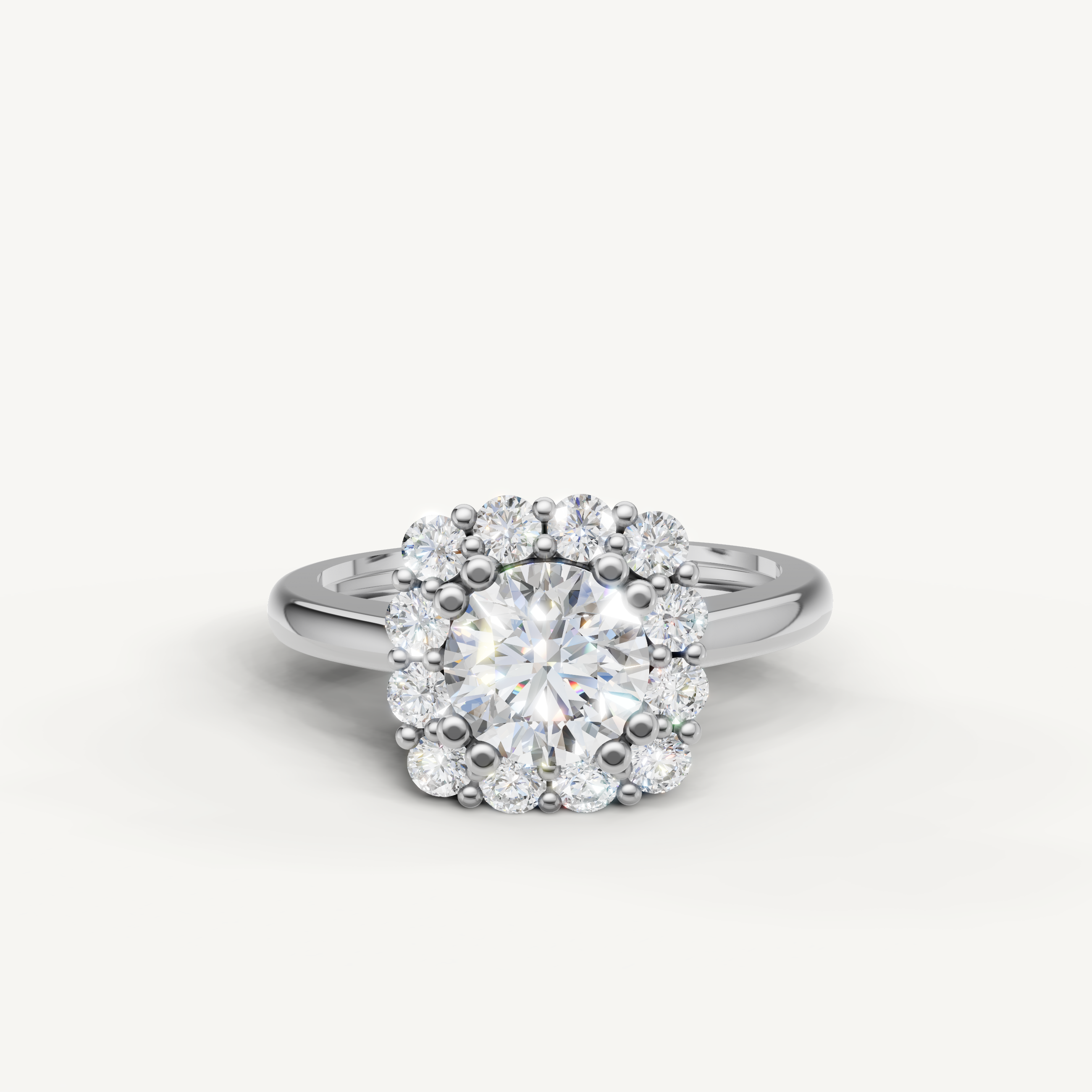 Raul Diamonds round halo engagement ring in white gold with floral halo design.