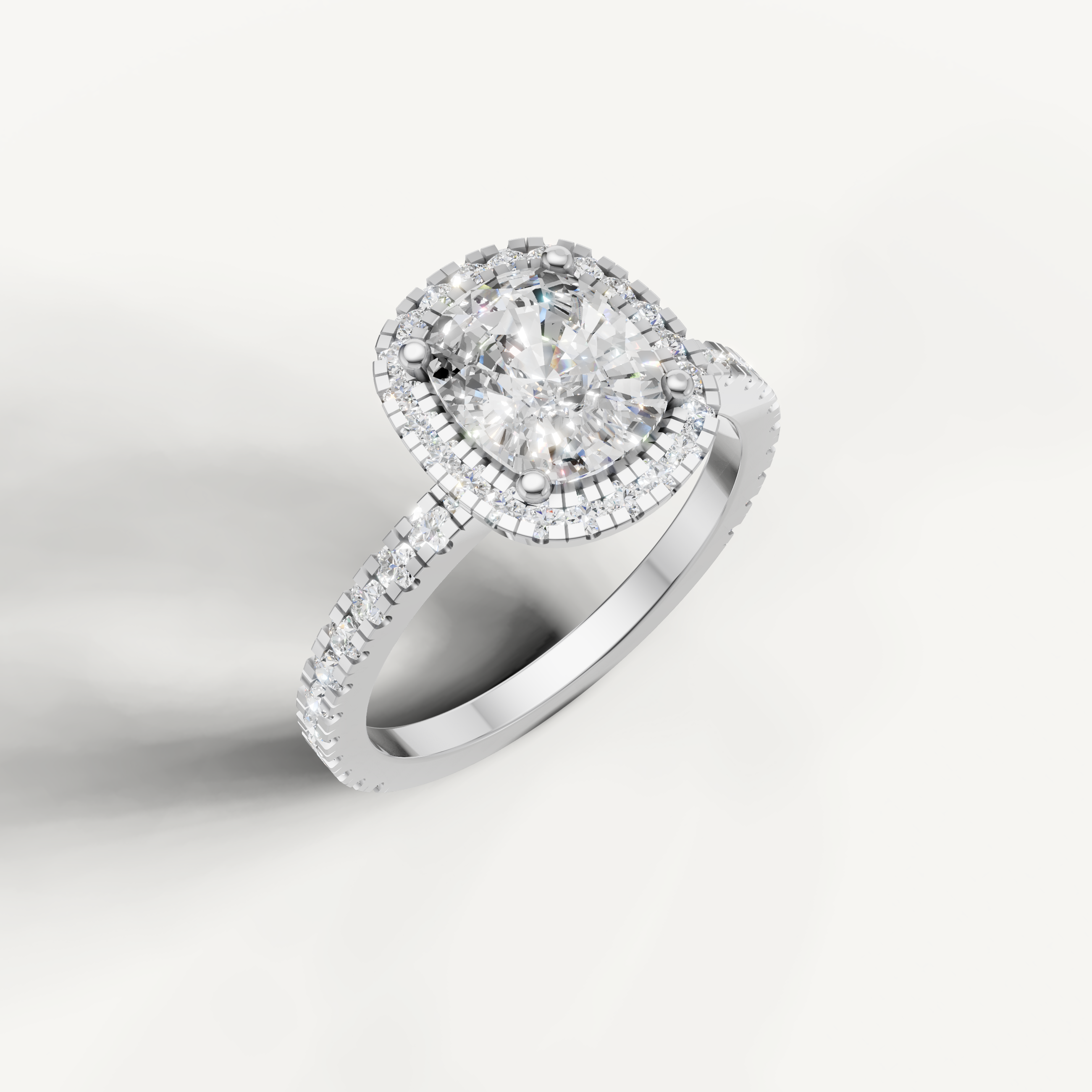 White Gold Cushion Halo Diamond Ring with Pavé Band
